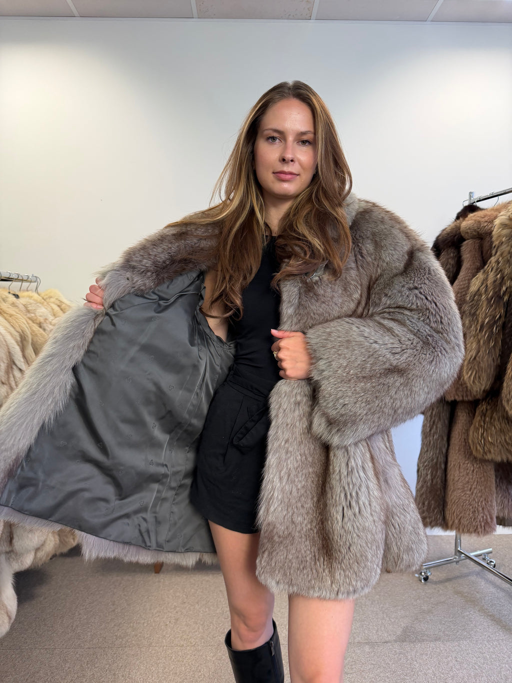 Blue Fox Fur Coat, Light Blue, Size M