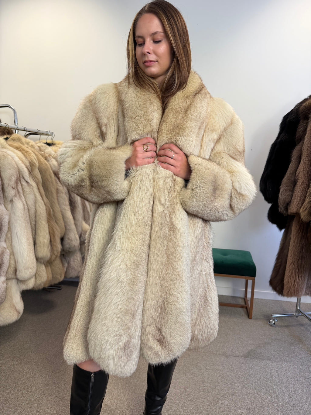 Fox Fur Coat, White Nordic, Fur Collar, Size XL