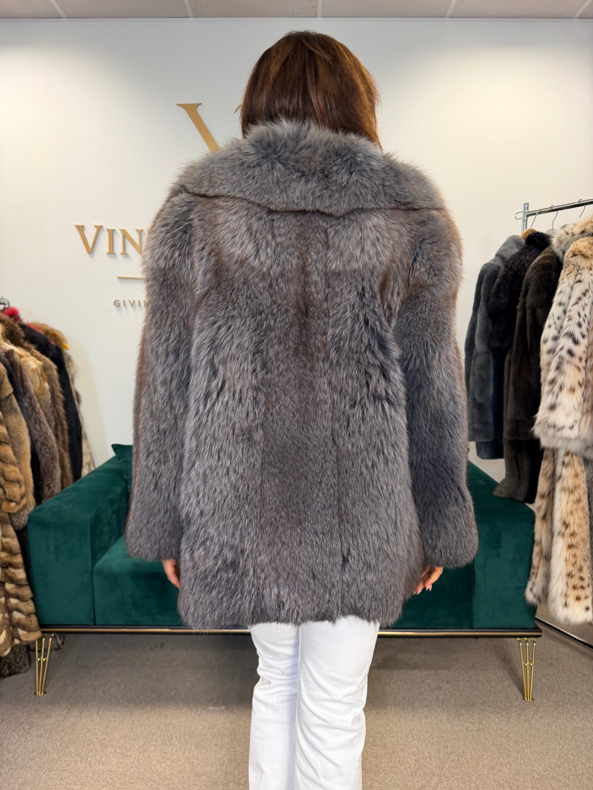 Blue Dyed Fox Fur Jacket, Short, Fits S XS