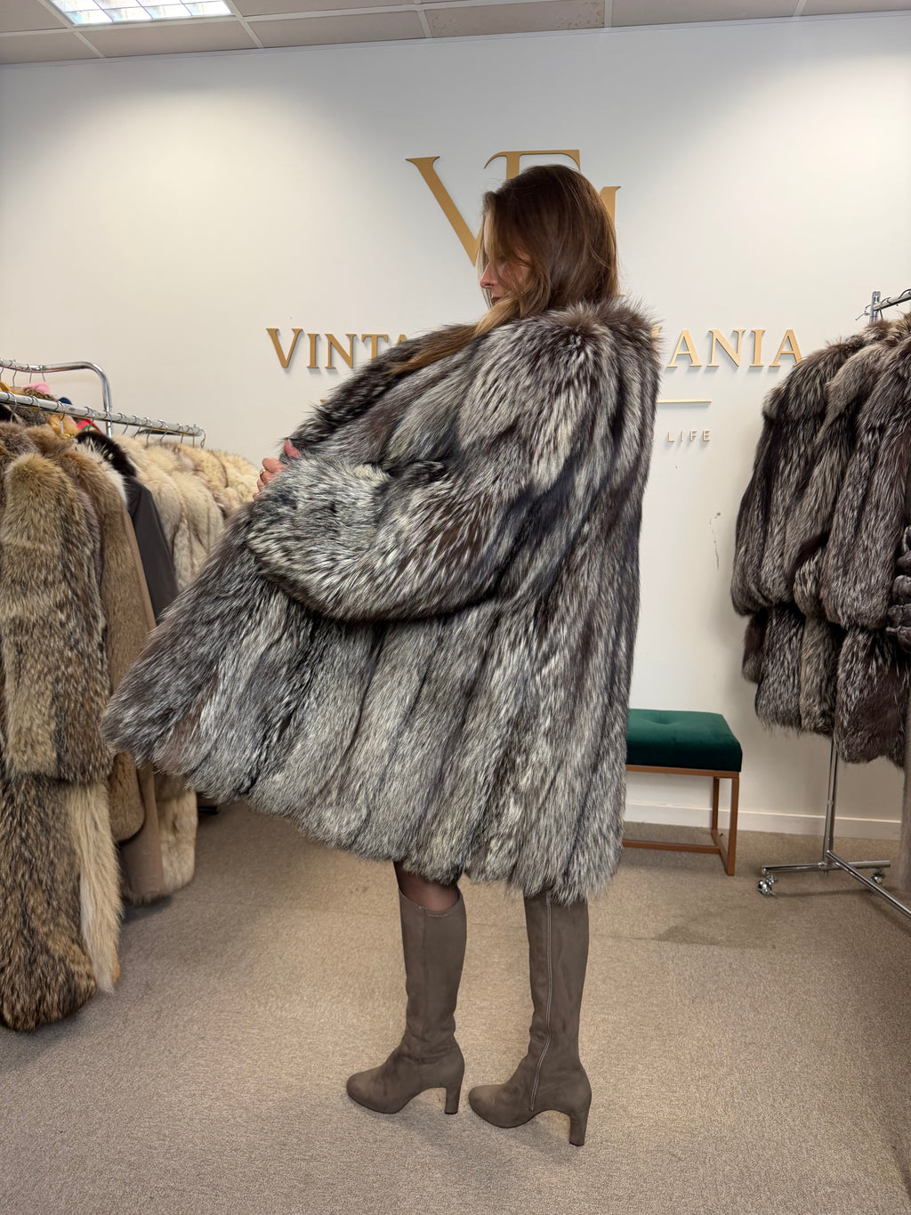 Silver Fox Fur Coat, XL, Collarless, Rare Style