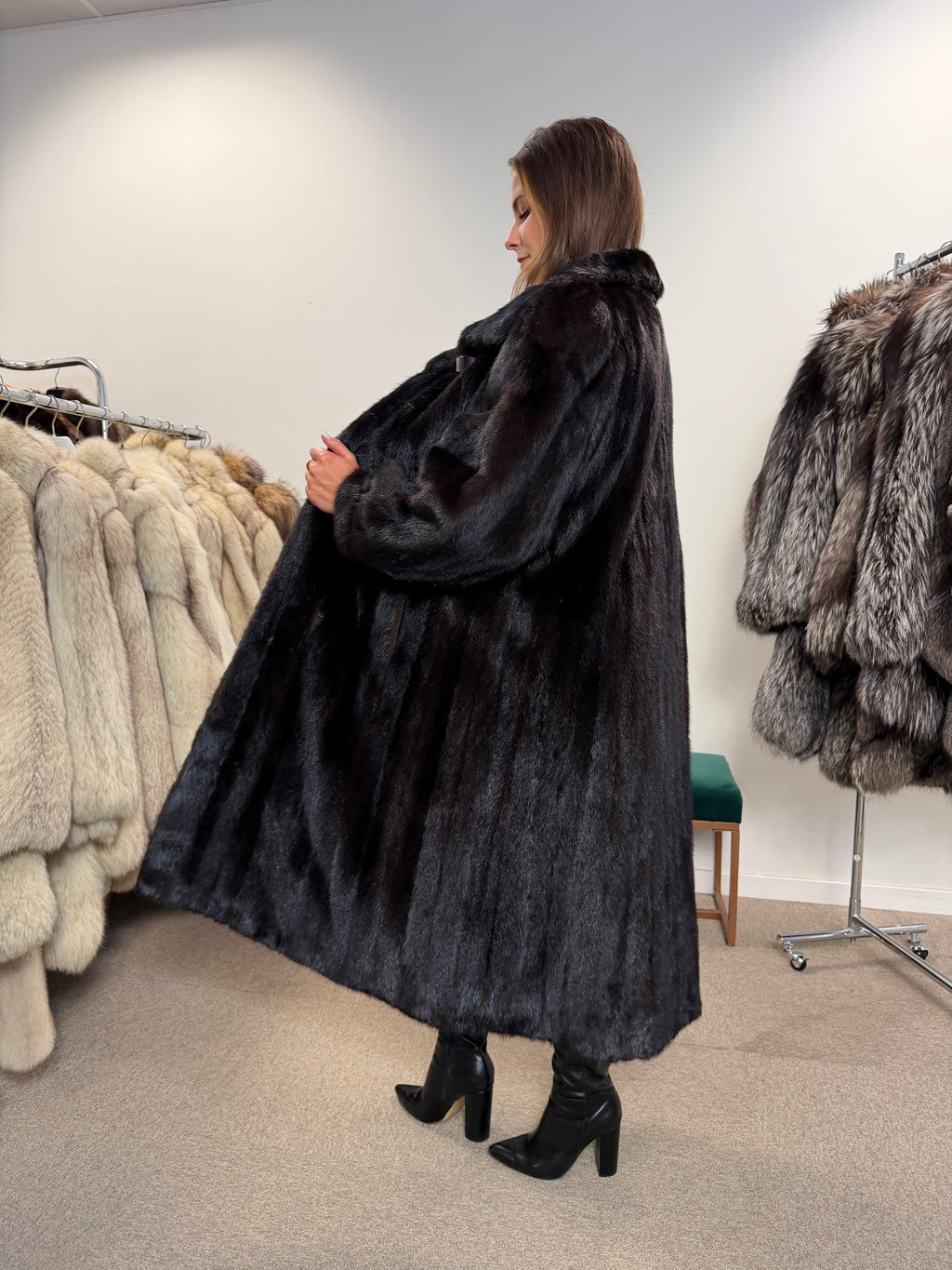 Mink Fur Coat, Dark Brown, Full Length, Size XL