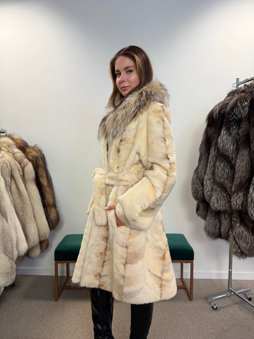 Mink Fur Coat, Sheared White, Fox Collar, Size M