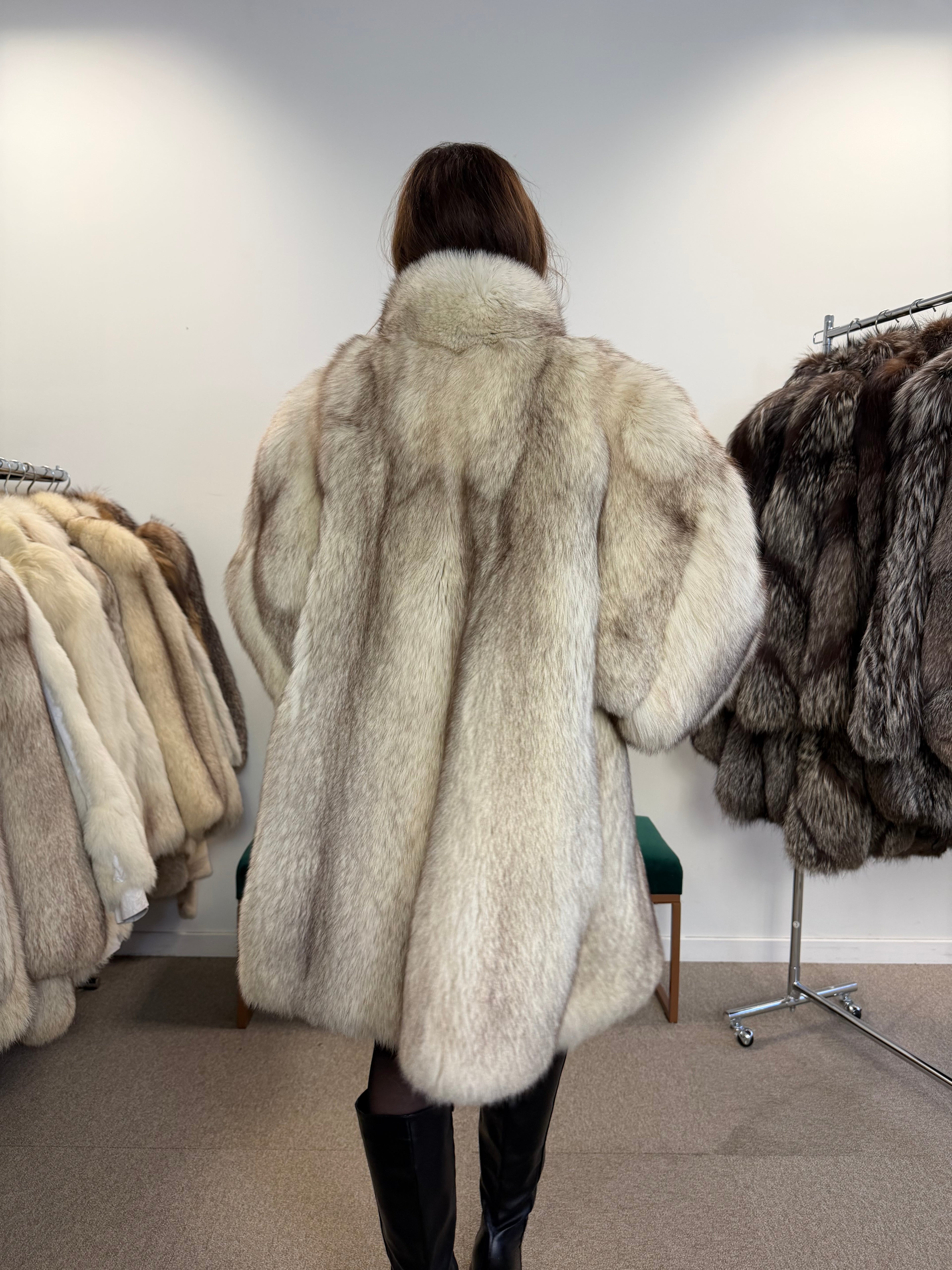 White Blue Fox Fur Coat, Size XL