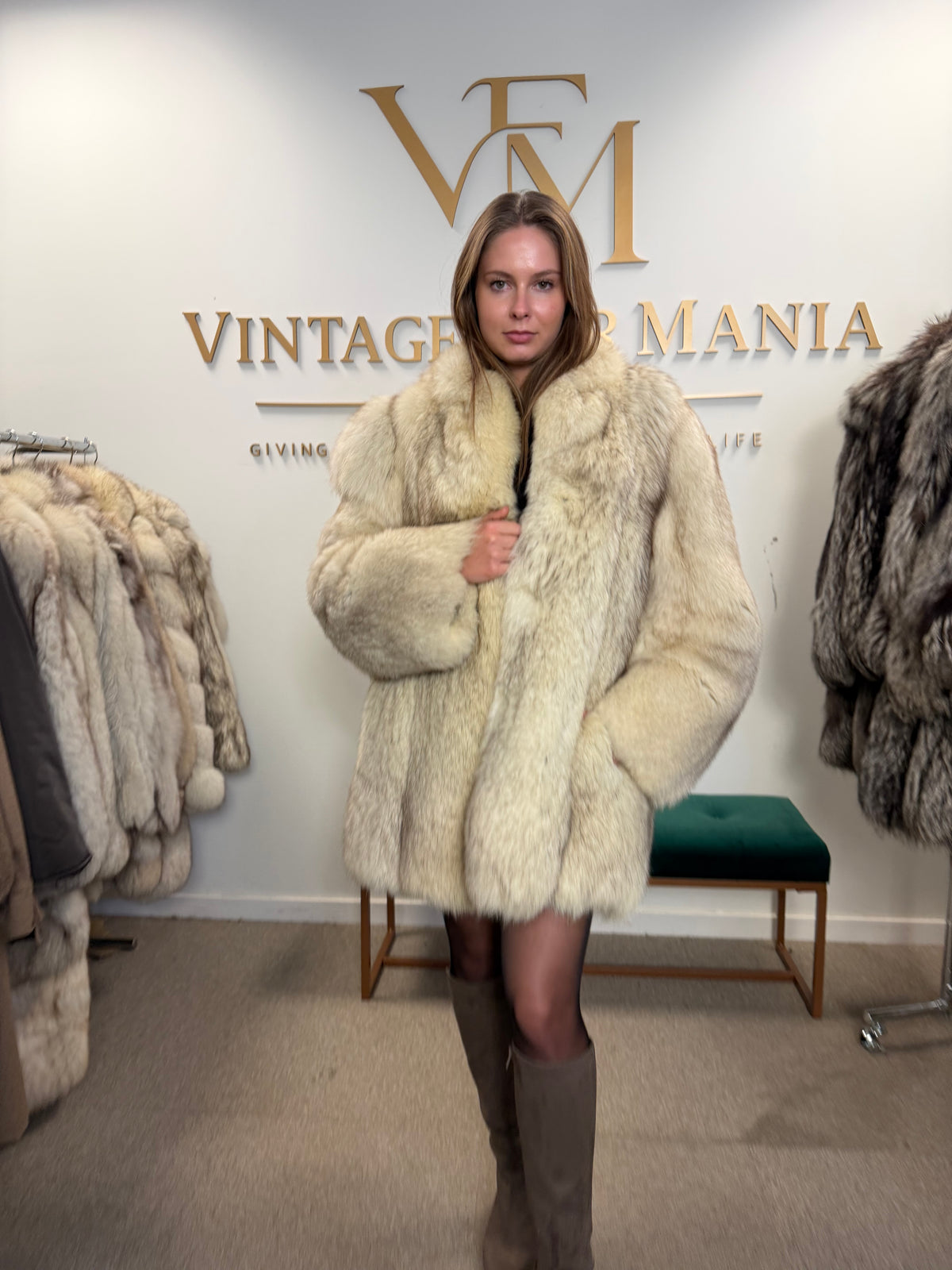 White Fox Fur Coat, Medium, Outlet