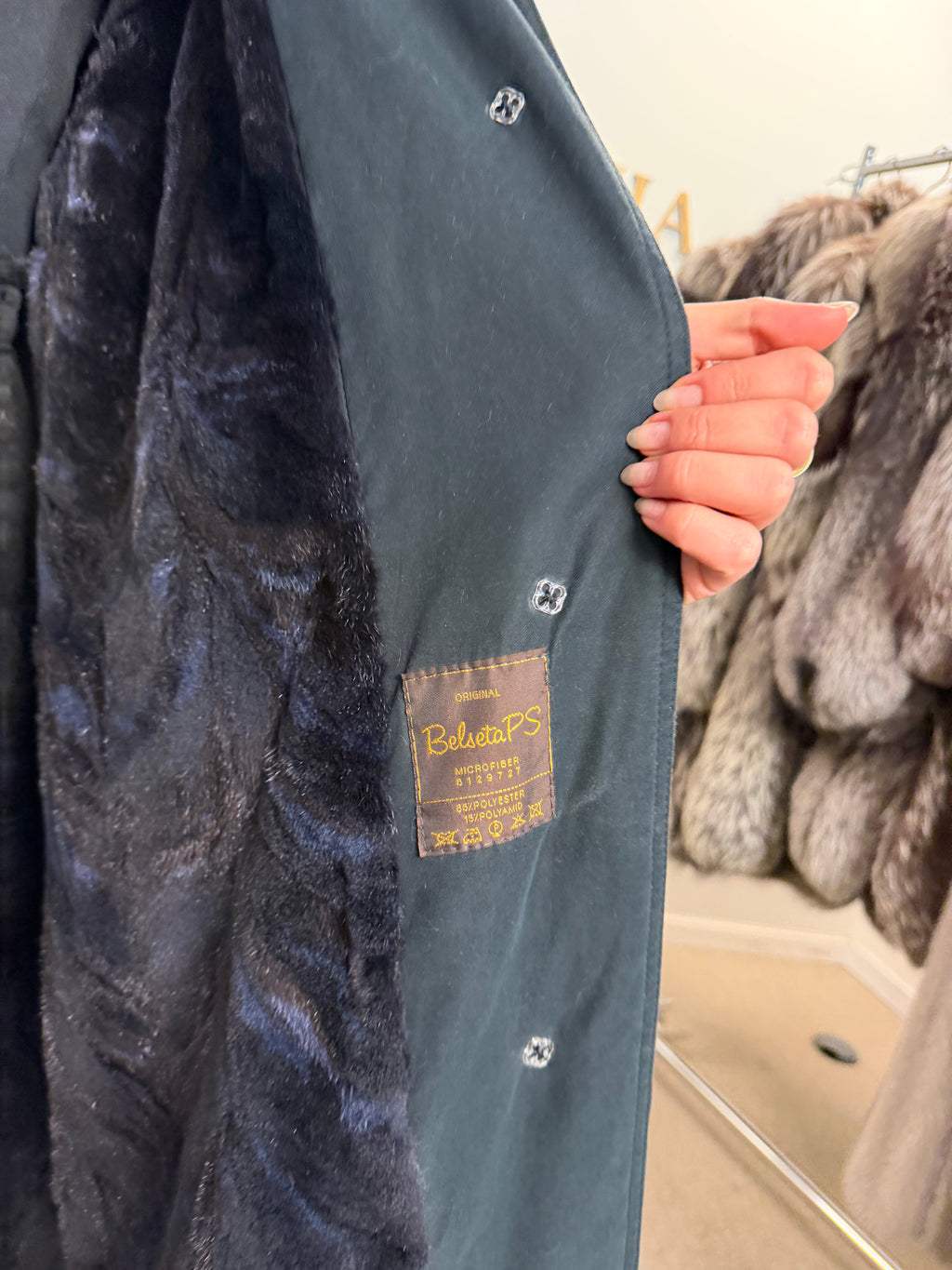 Blue & Black Mink-Lined Overcoat, XL, Hooded, Fox Collar