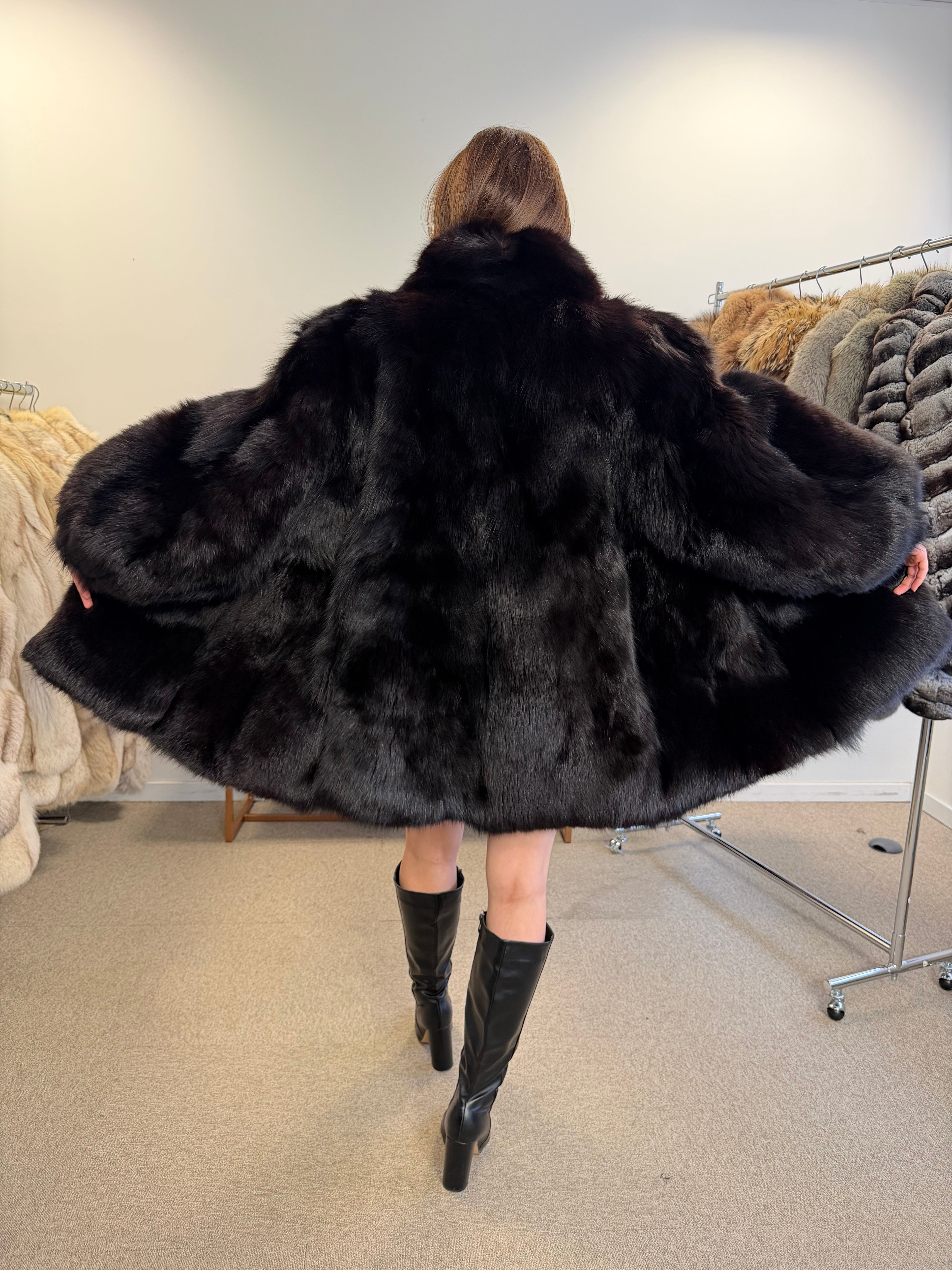Fox Fur Coat, Black, Size L