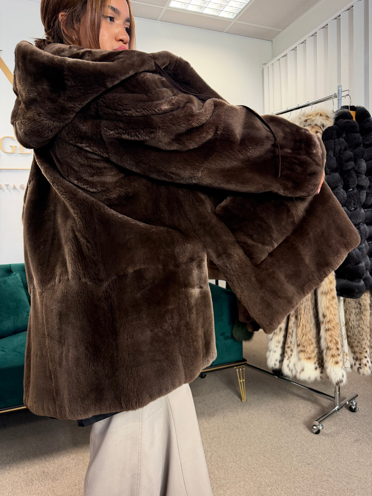 Sheared Beaver Fur Coat, Hooded, Oversize up to 3XL
