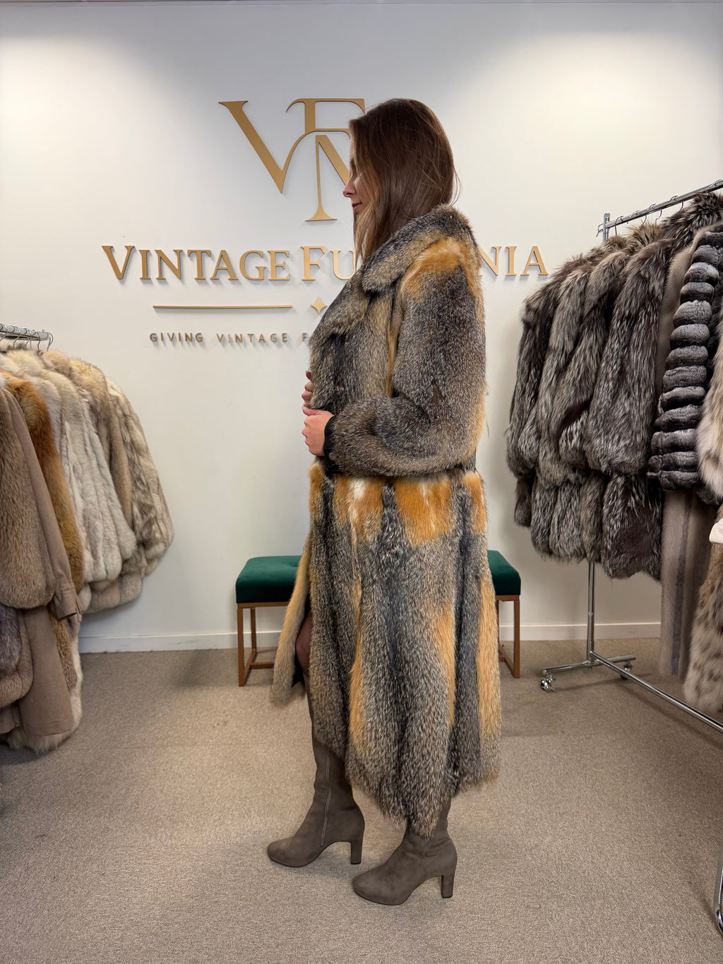 Grey Fox Fur Coat, Small, Black Leather
