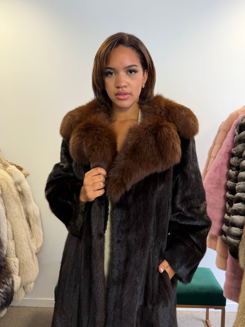 Mink Fur Coat, Dark Brown, SAGA Mink with brown fox Collar, L size