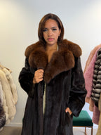 Mink Fur Coat, Dark Brown, SAGA Mink with brown fox Collar, L size