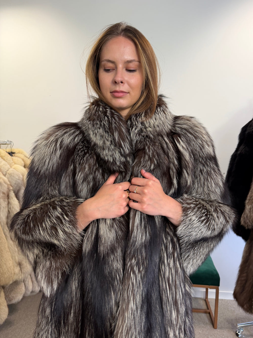 Real Silver Fox Fur Coat, Short Sleeves, Size XL