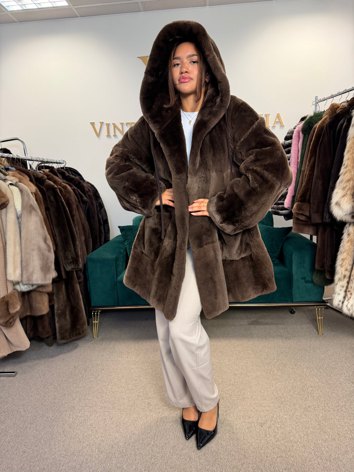 Sheared Beaver Fur Coat, Hooded, Oversize up to 3XL