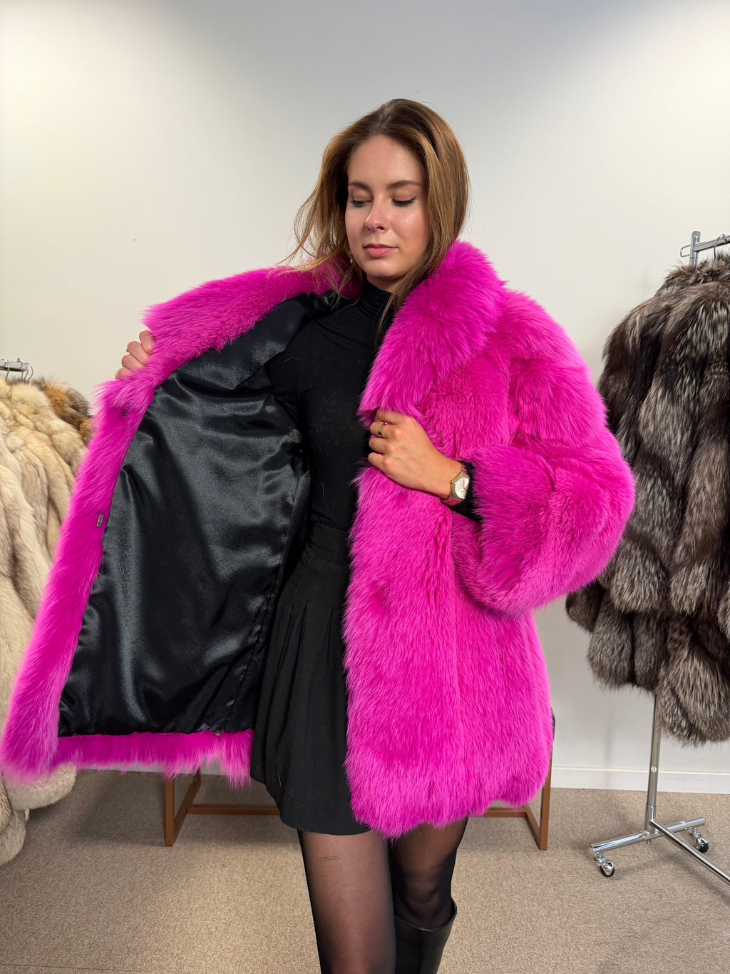 Pink dyed arctic fox fur coat - Small size