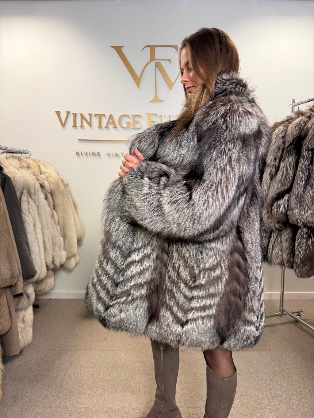 Silver Fox Fur Coat, Medium, Trimmed, Luxury
