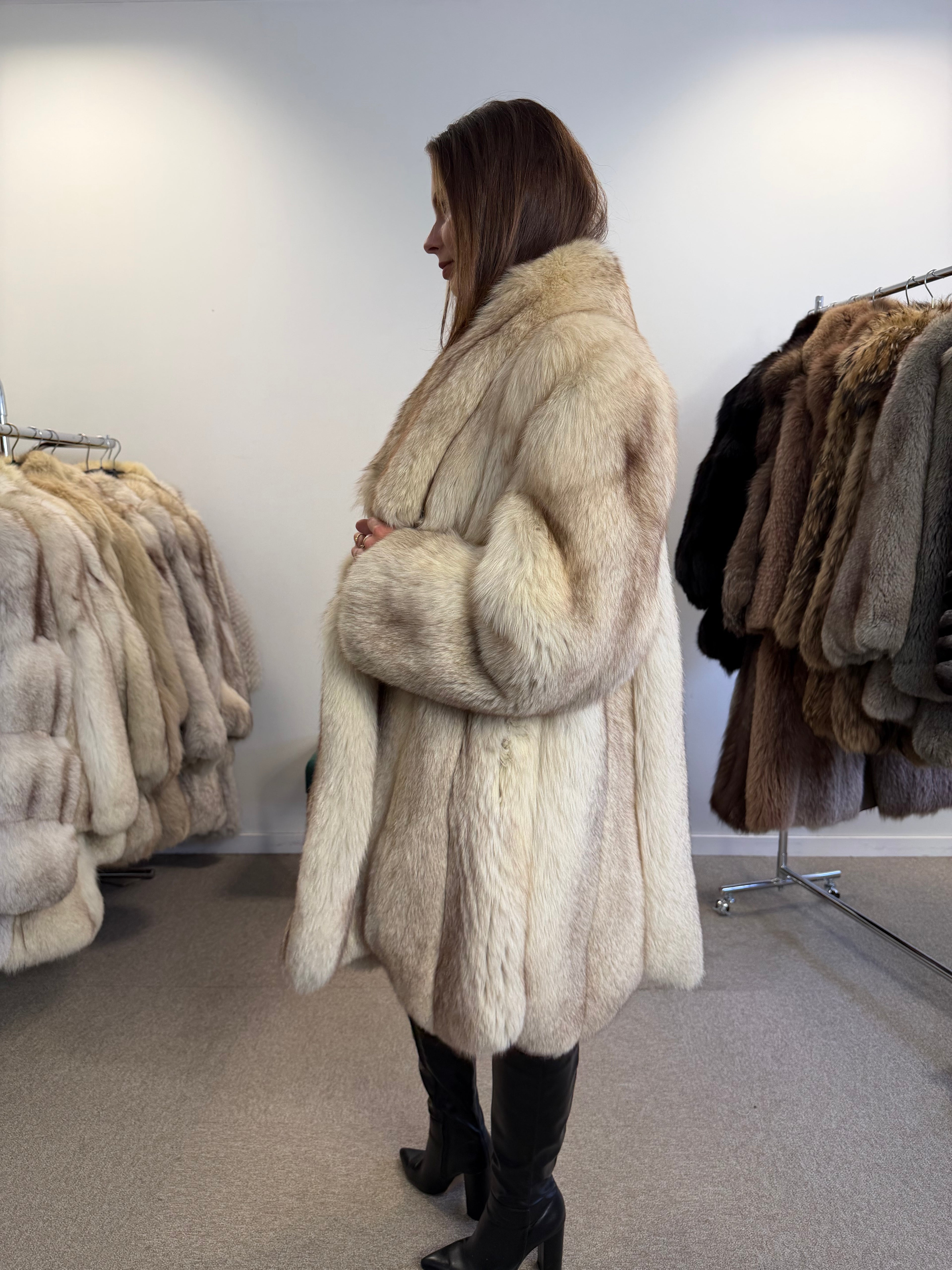 Fox Fur Coat, White Nordic, Fur Collar, Size XL