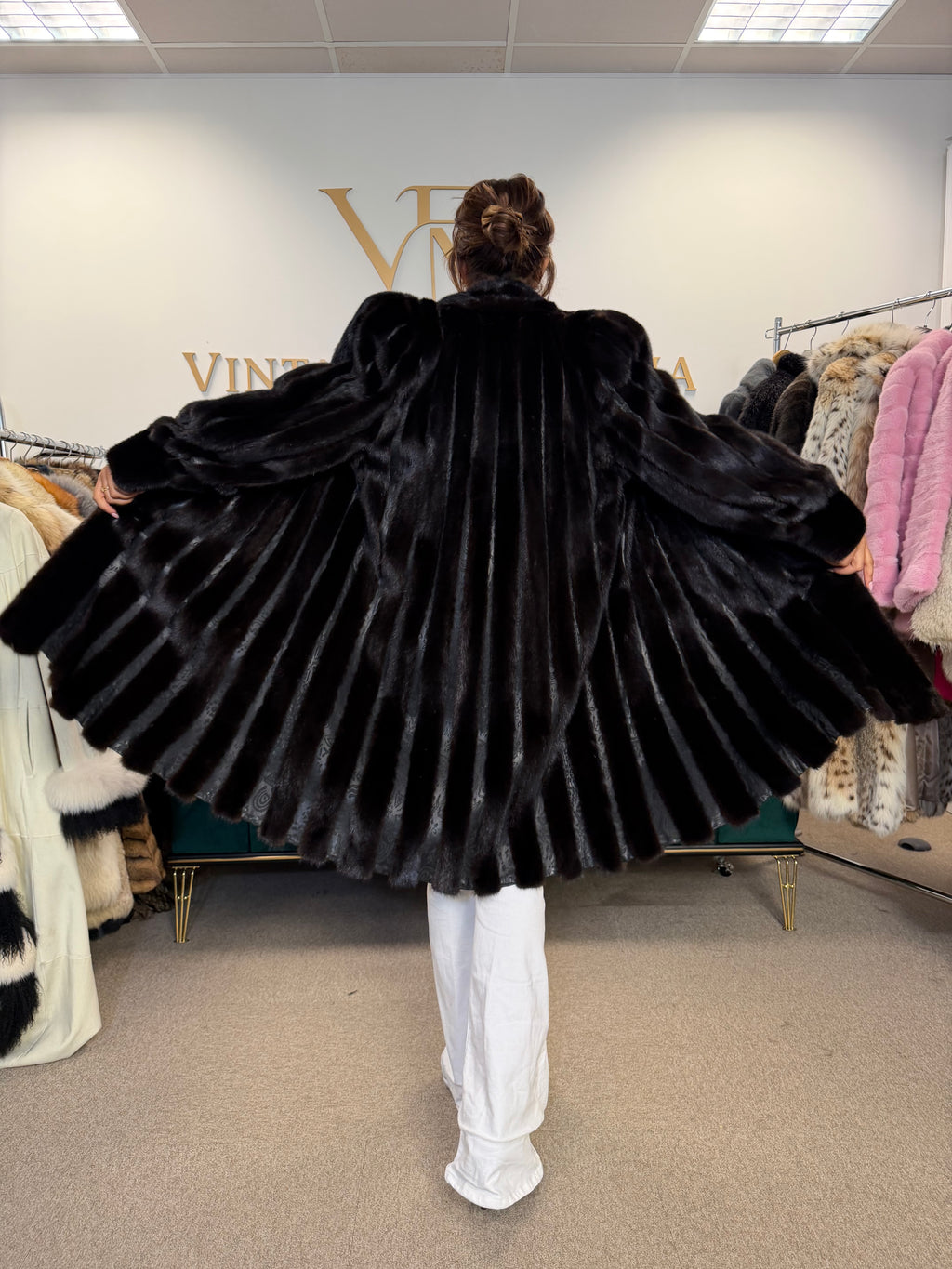 Dark Mink Fur Coat, Large, Swinger, Leather, Designer