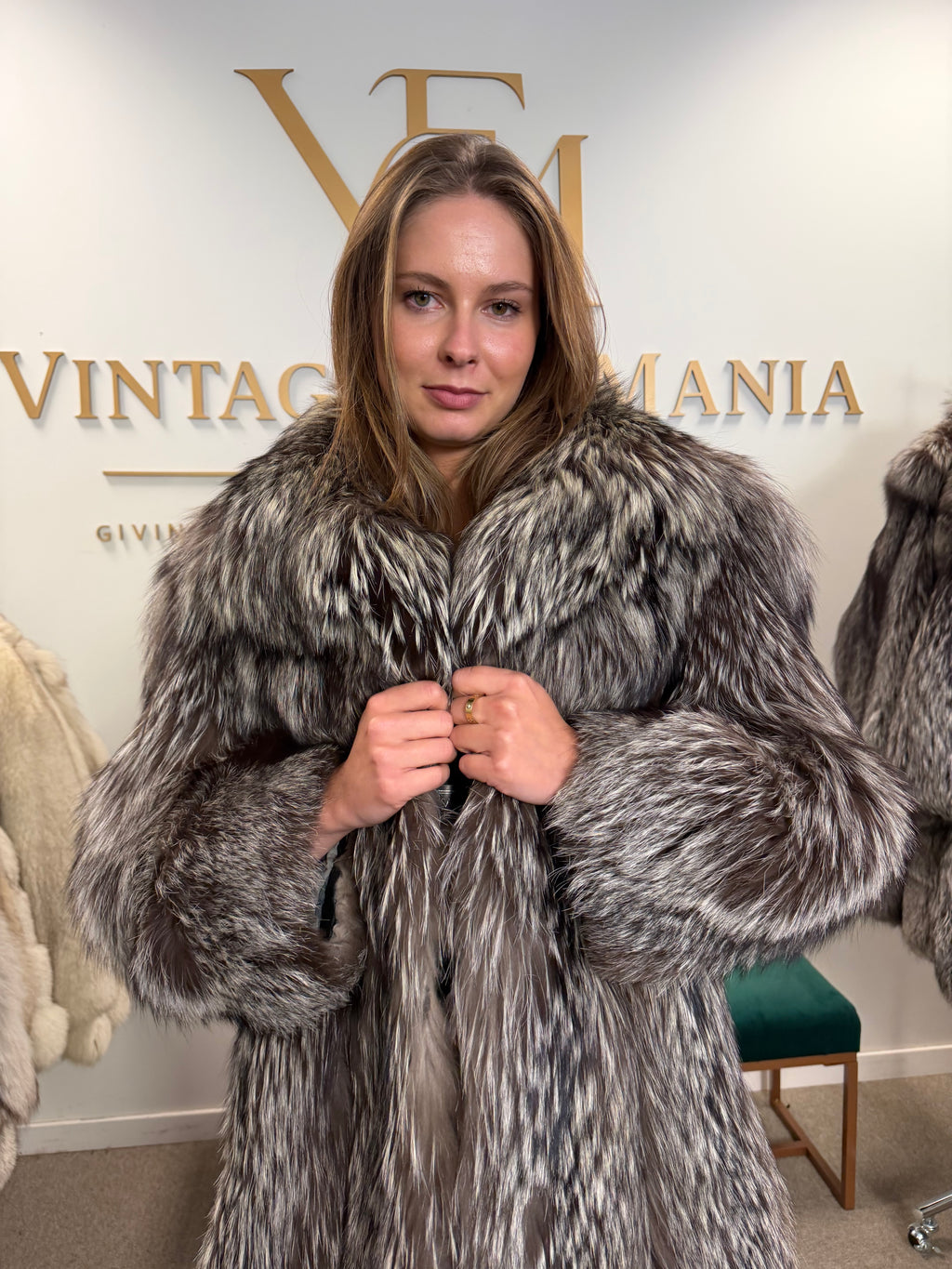Silver Fox Fur Coat, Large, SAGA, Swinger, Trimmed