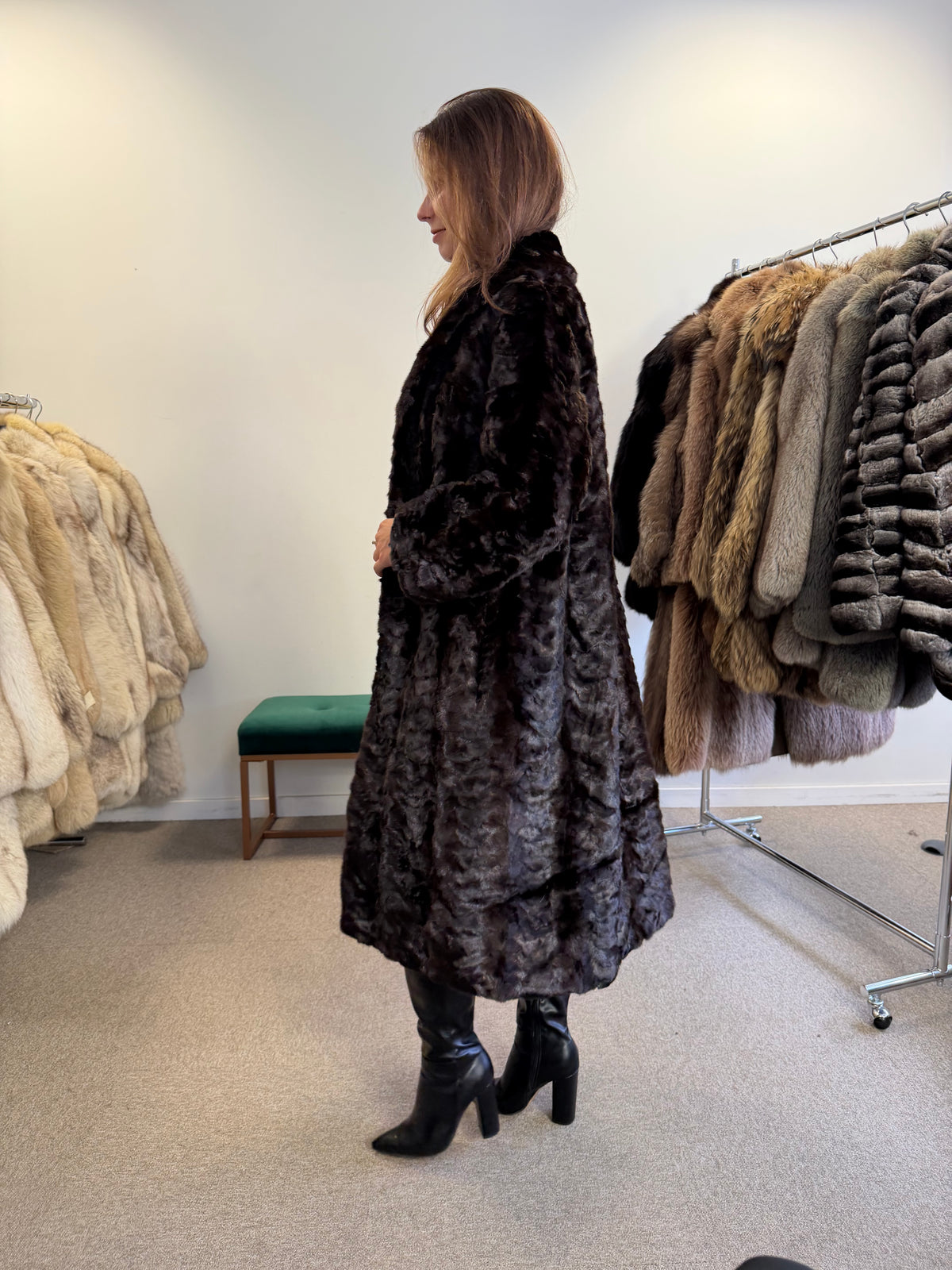 Brown Mink Fur Coat, Pieced, Full Length, Medium
