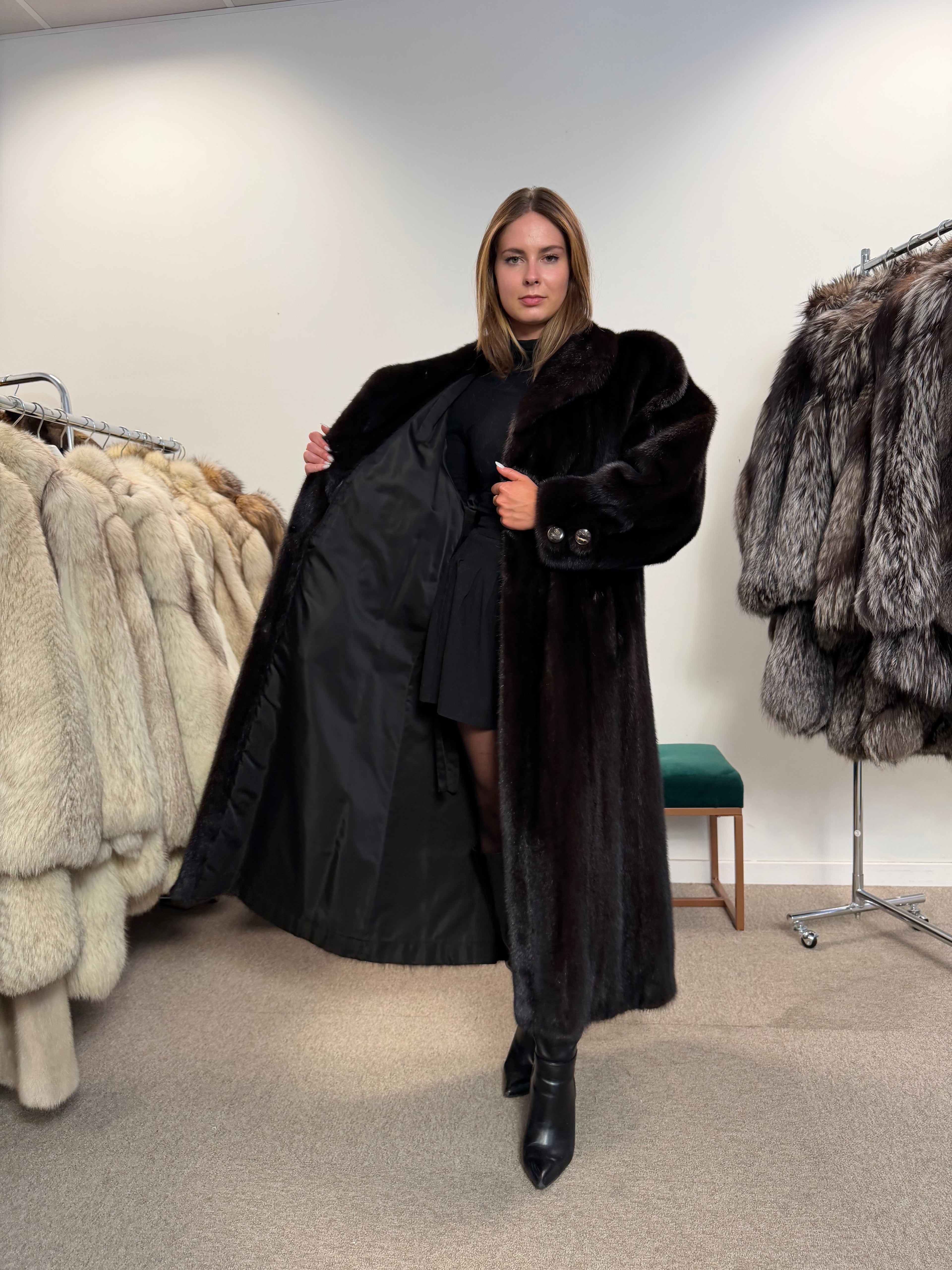 Luxury Mink Fur Coat, Dark Brown, Extra Long, Size L