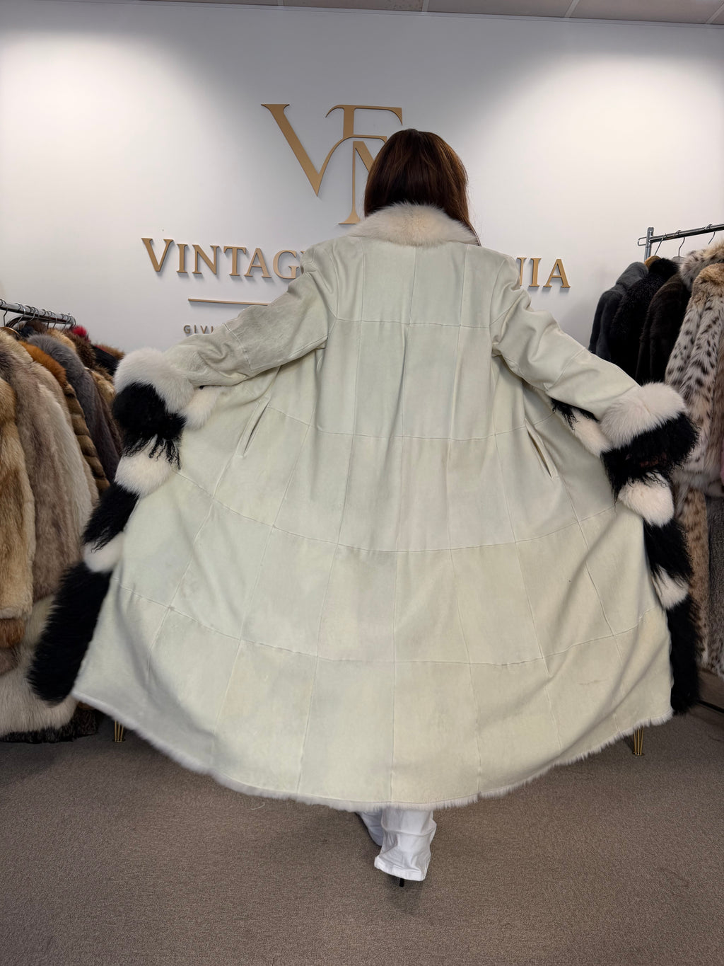 Shearling Sheepskin Coat with Fox & Shearling Collar, Medium, Full Length