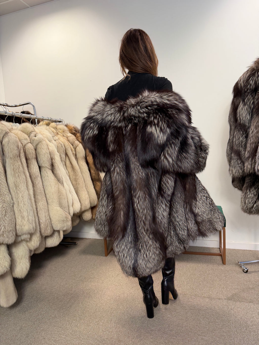 Silver Fox Real Fur Coat, Size XXL, Full Sweep Swing Coat