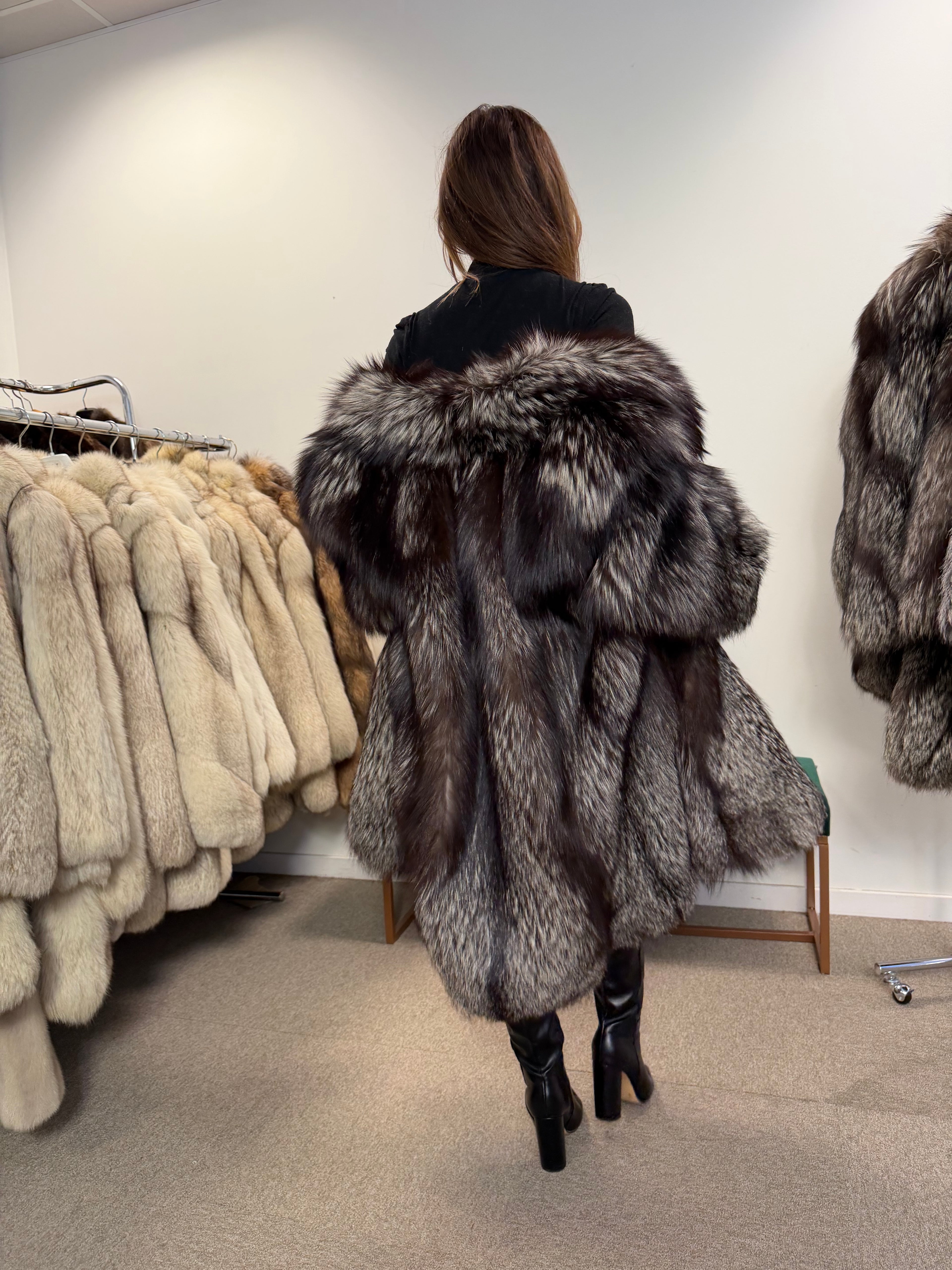 Silver Fox Real Fur Coat, Size XXL, Full Sweep Swing Coat