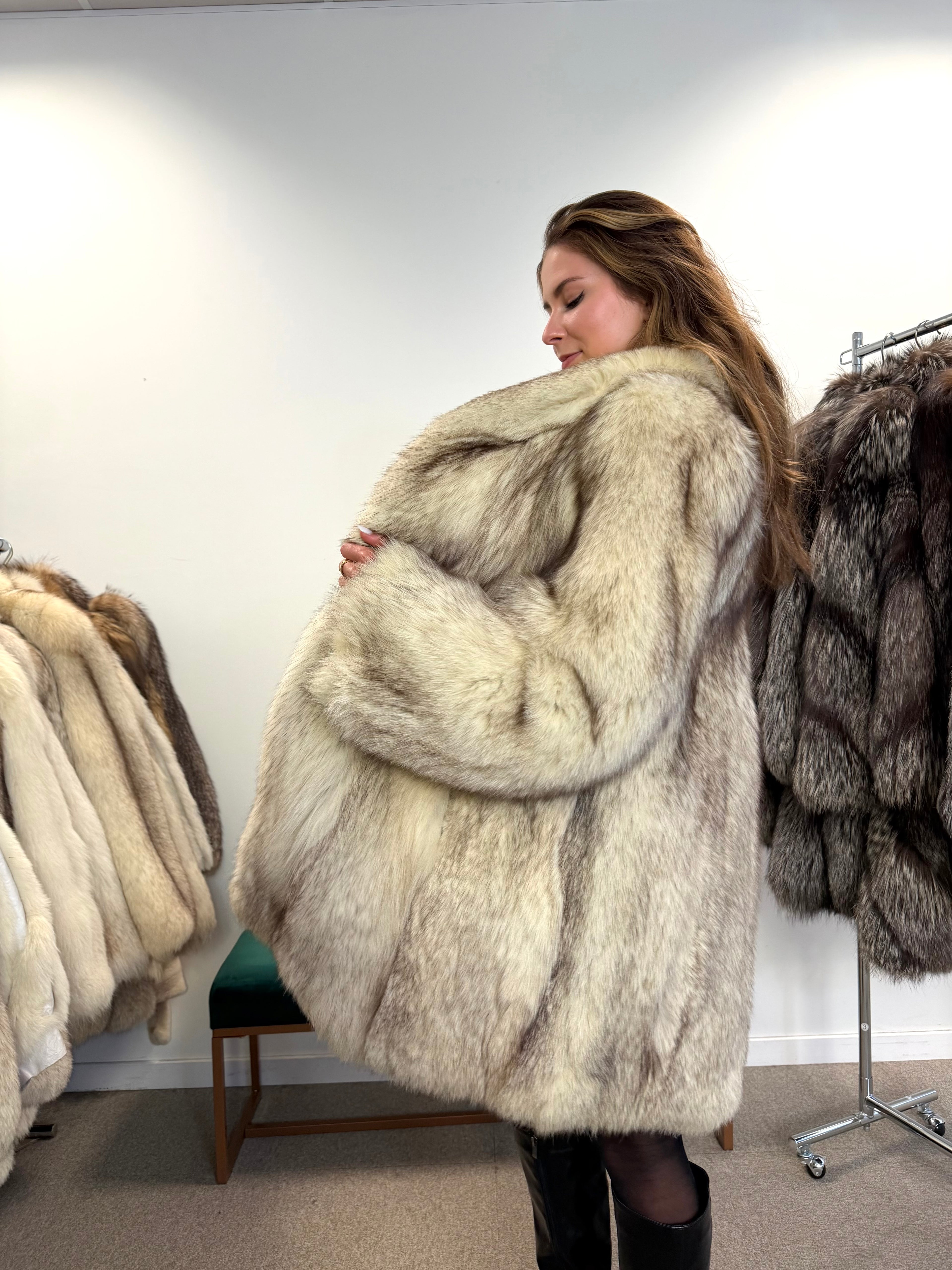White Nordic Arctic Fox Fur Coat, Size L