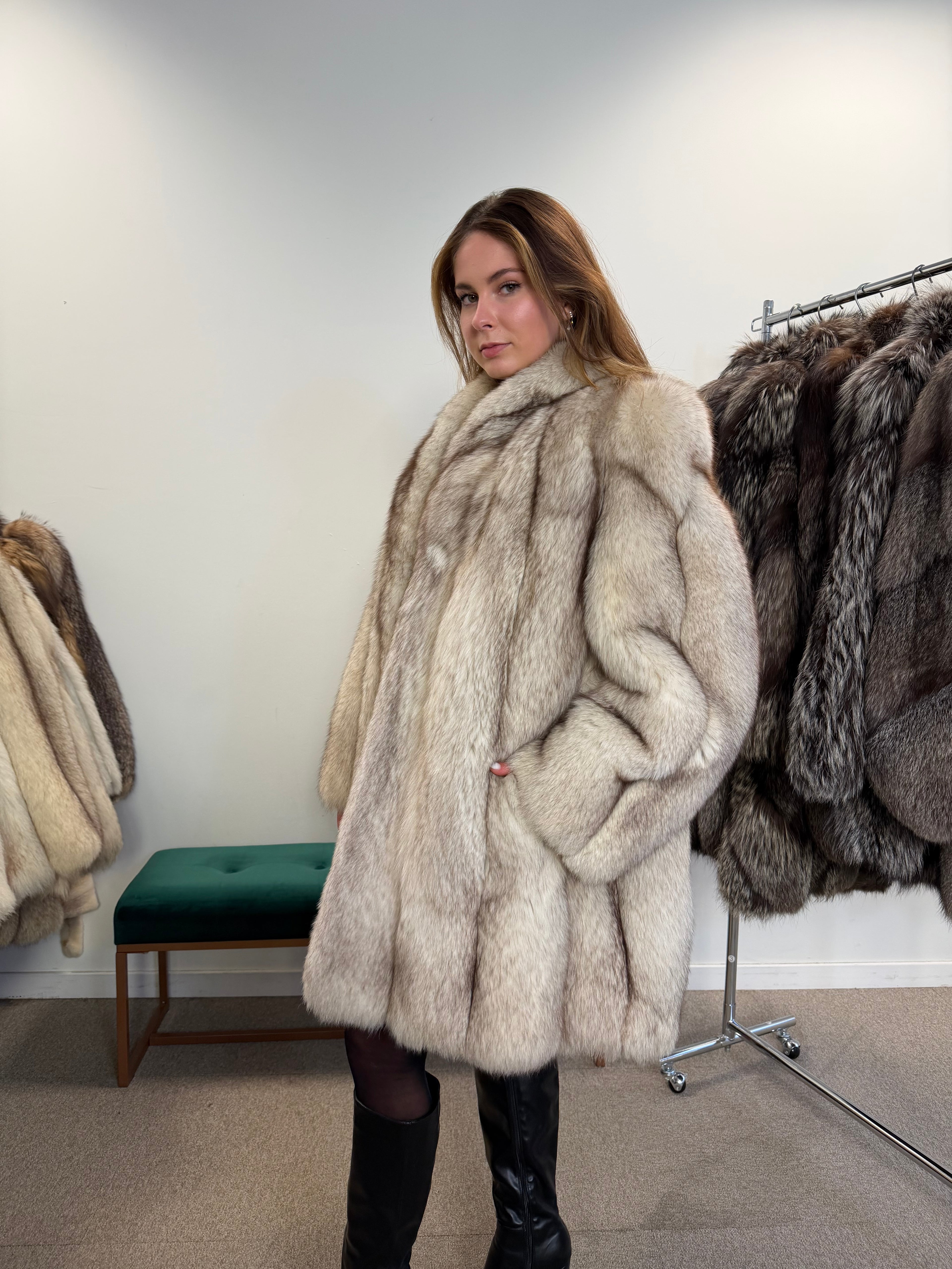 White Nordic Fox Fur Coat, Size XL