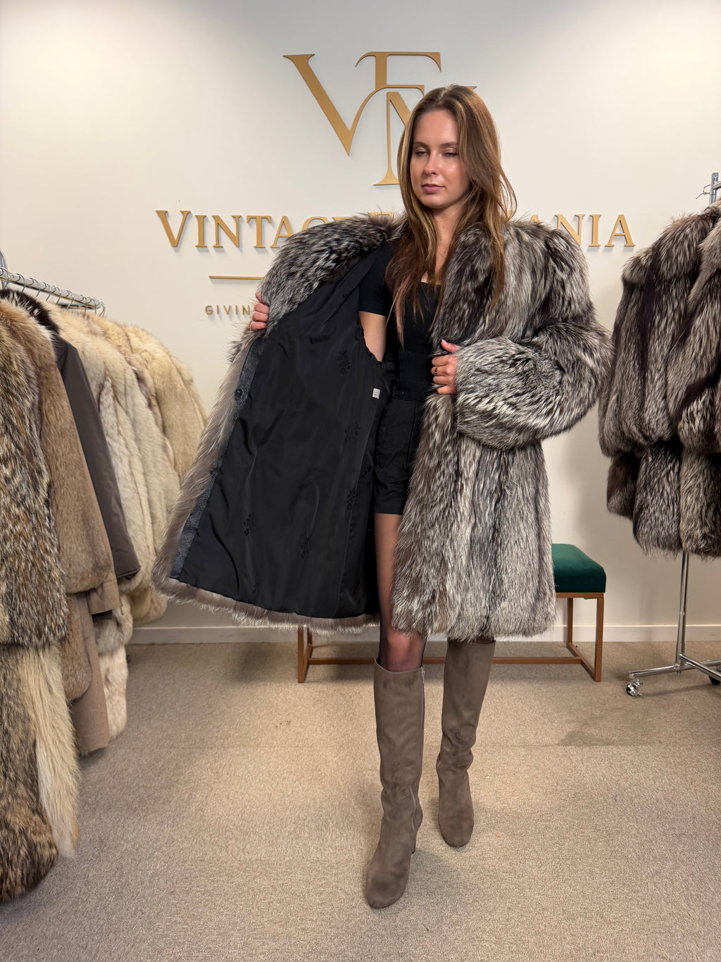 Silver Fox Fur Coat, XL, Collarless, Rare Style