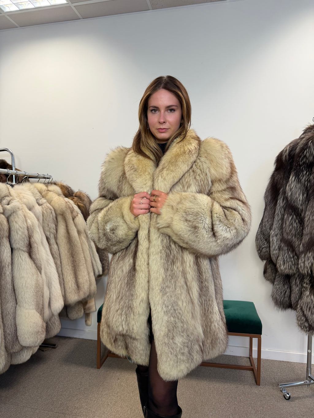 White Nordic Fox Real Fur Coat, Size L