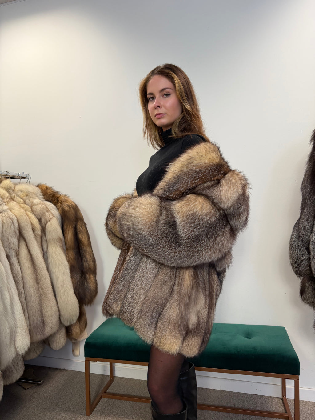 Crystal Fox Real Fur Coat, Size L, Frost White
