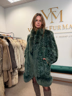 Green Dyed Mink Fur Coat with Fox Collar, XL