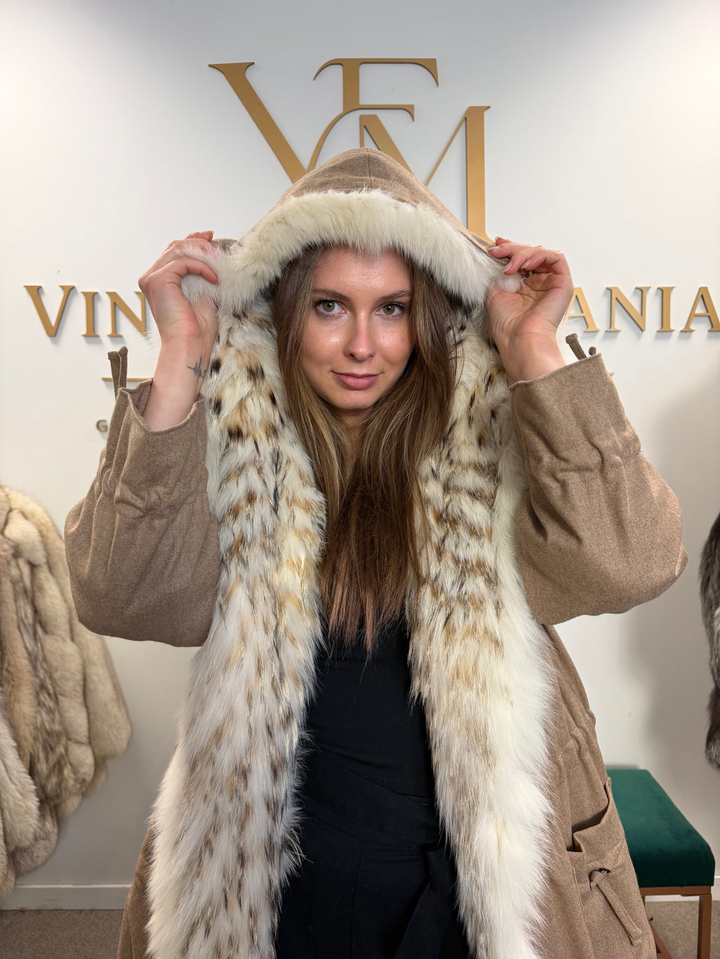 Light Beige Finn Raccoon Fur-Lined Overcoat, Medium