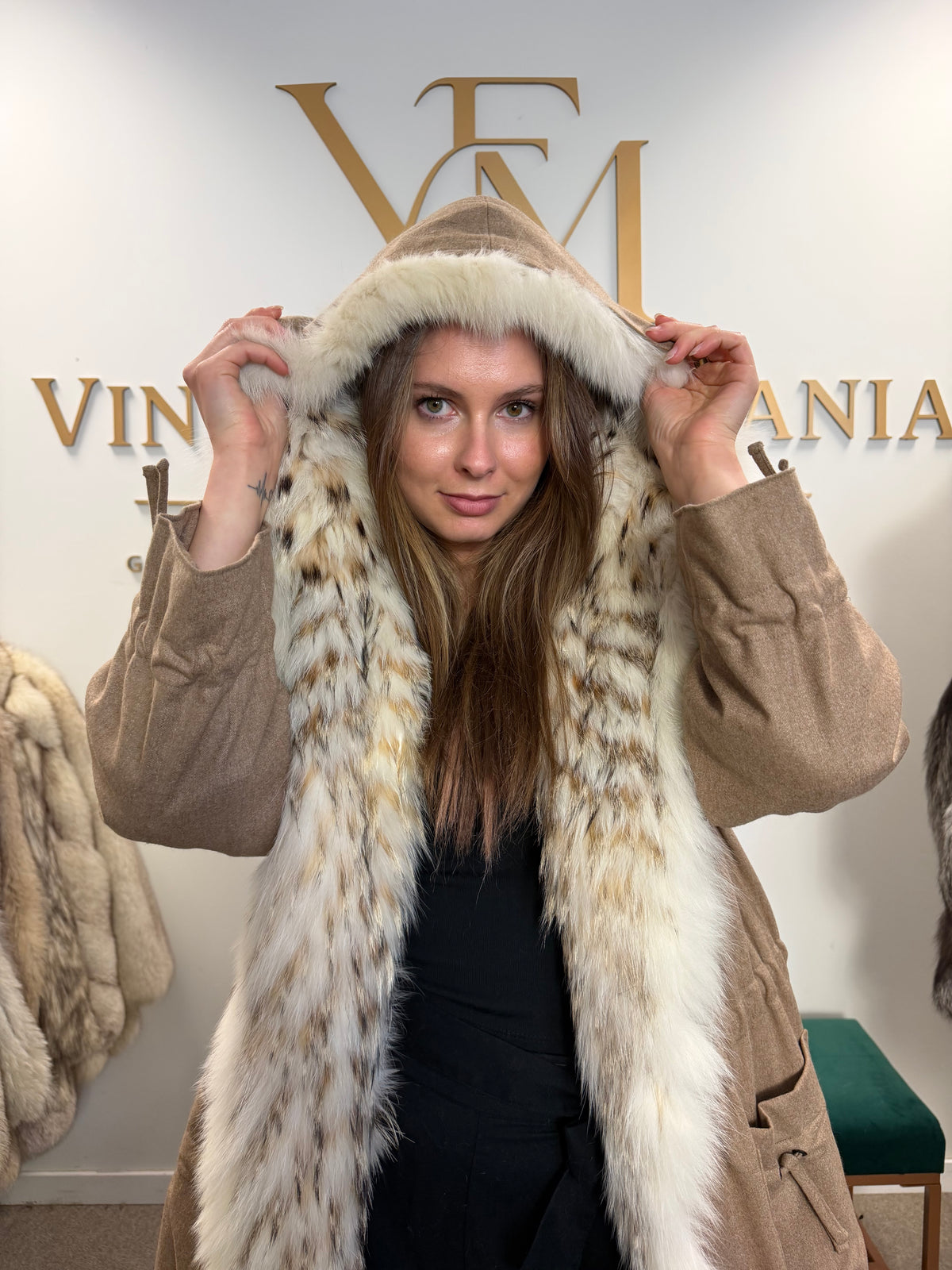 Light Beige Finn Raccoon Fur-Lined Overcoat, Medium