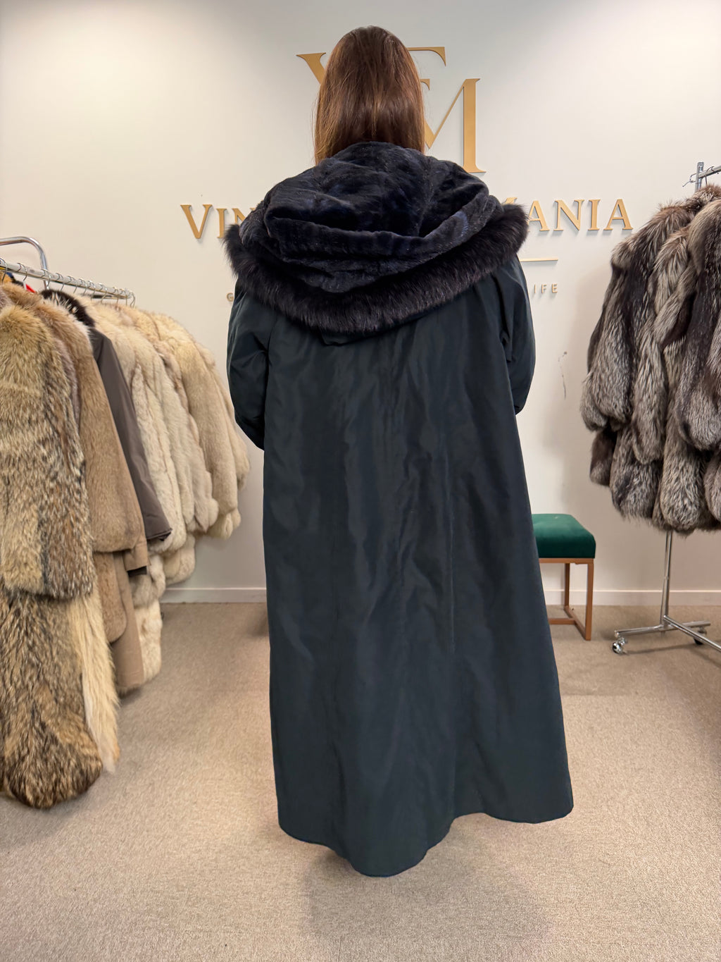 Blue & Black Mink-Lined Overcoat, XL, Hooded, Fox Collar