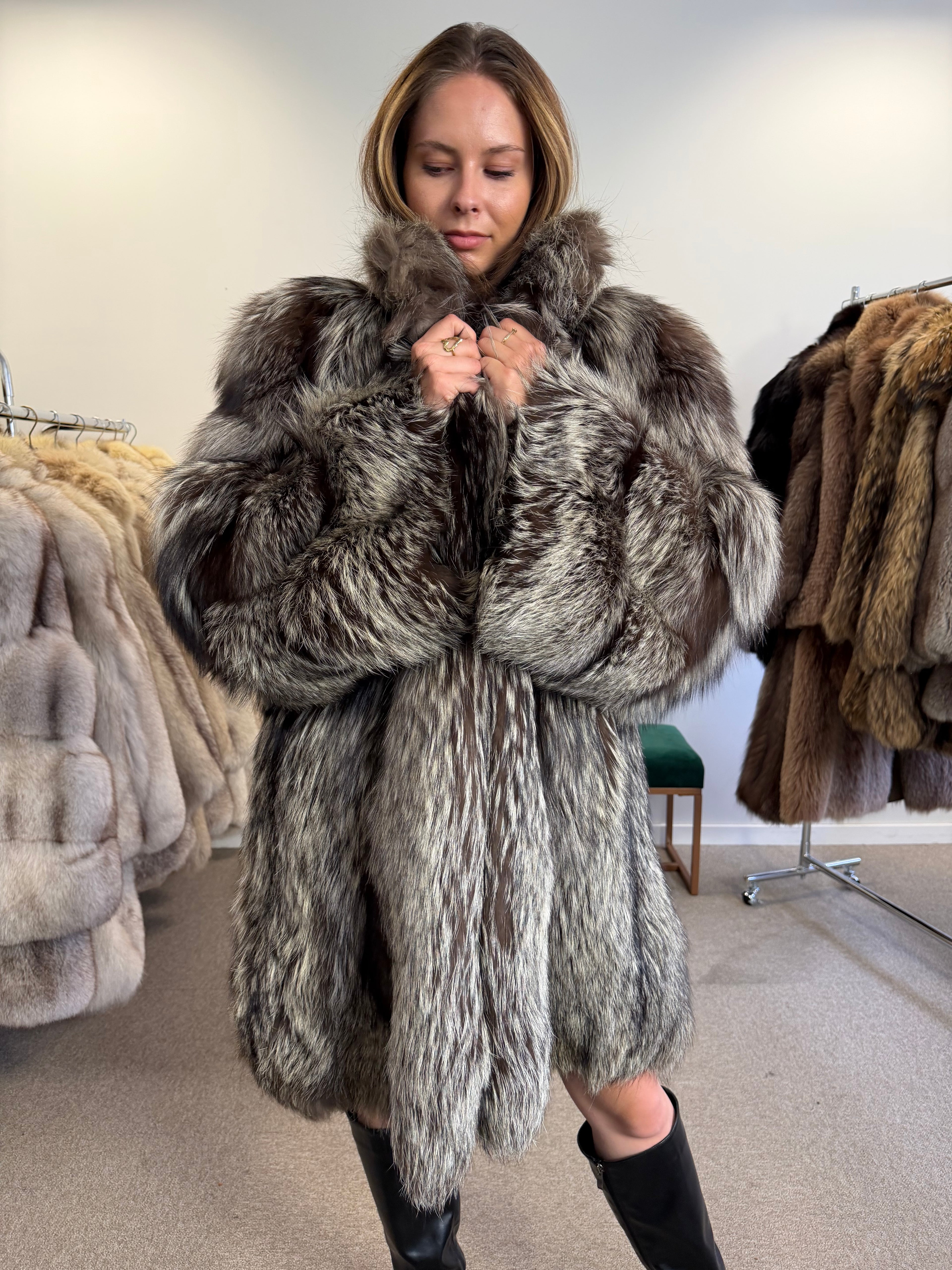 Real Silver Fox Fur Coat, Oversized, Size XL
