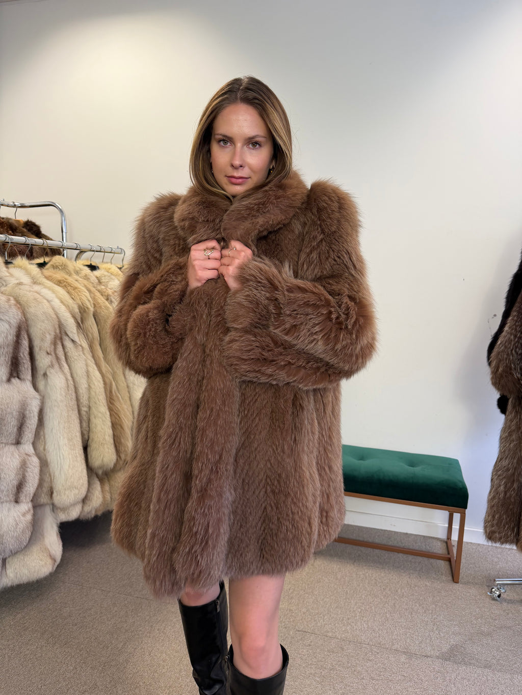 Fox Fur Coat, Brown, Size M