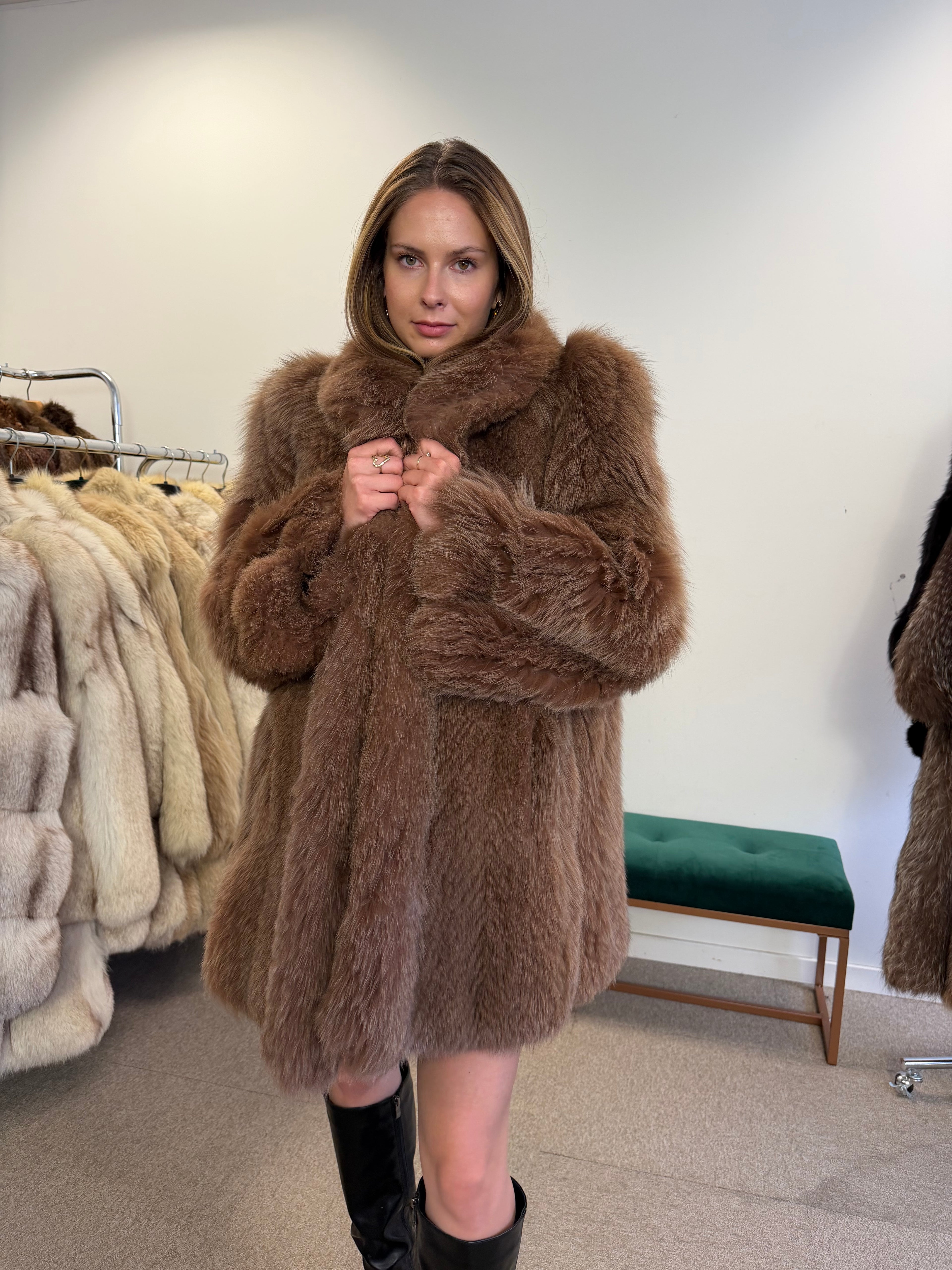 Fox Fur Coat, Brown, Size M