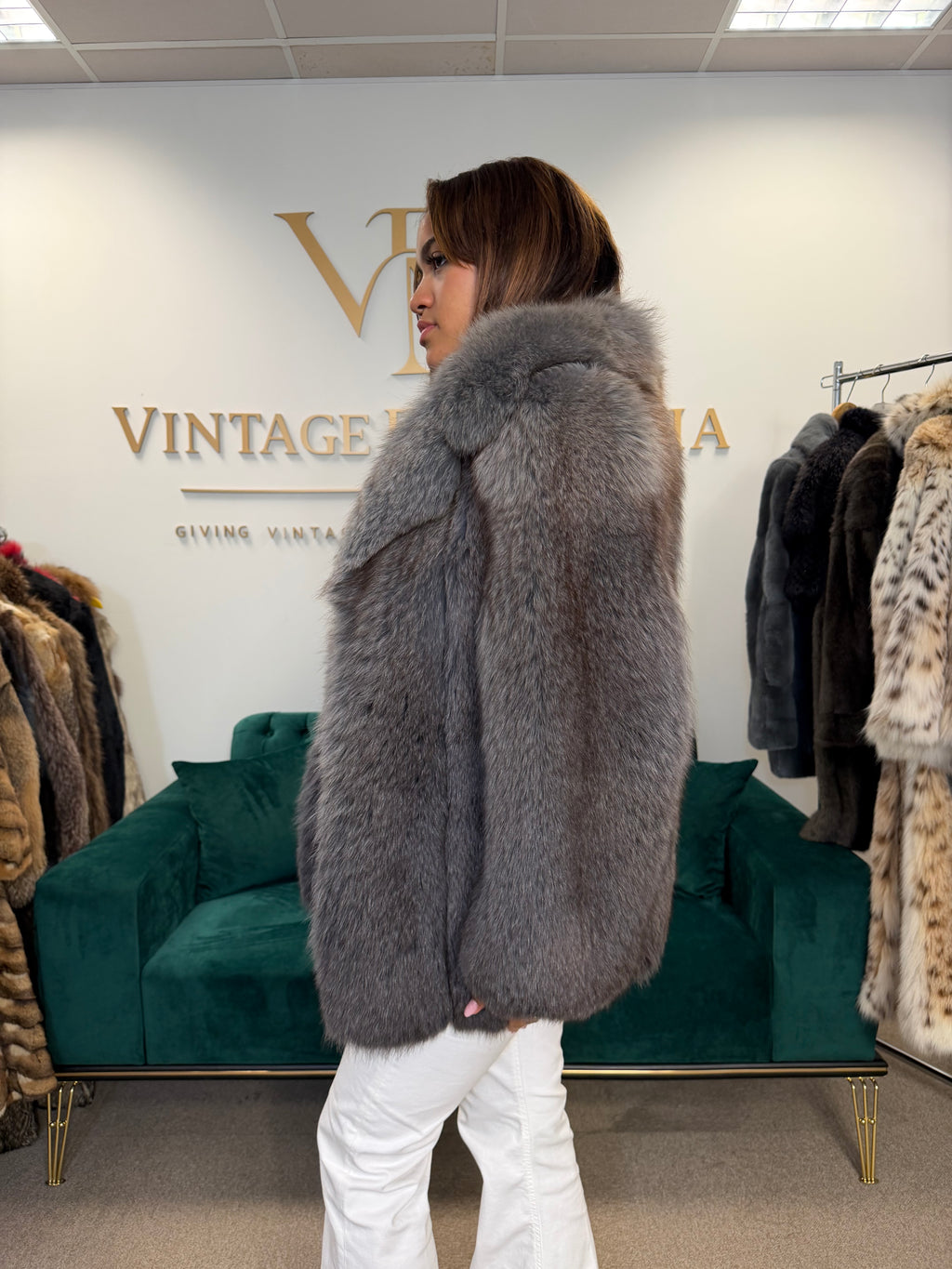 Blue Dyed Fox Fur Jacket, Short, Fits S XS