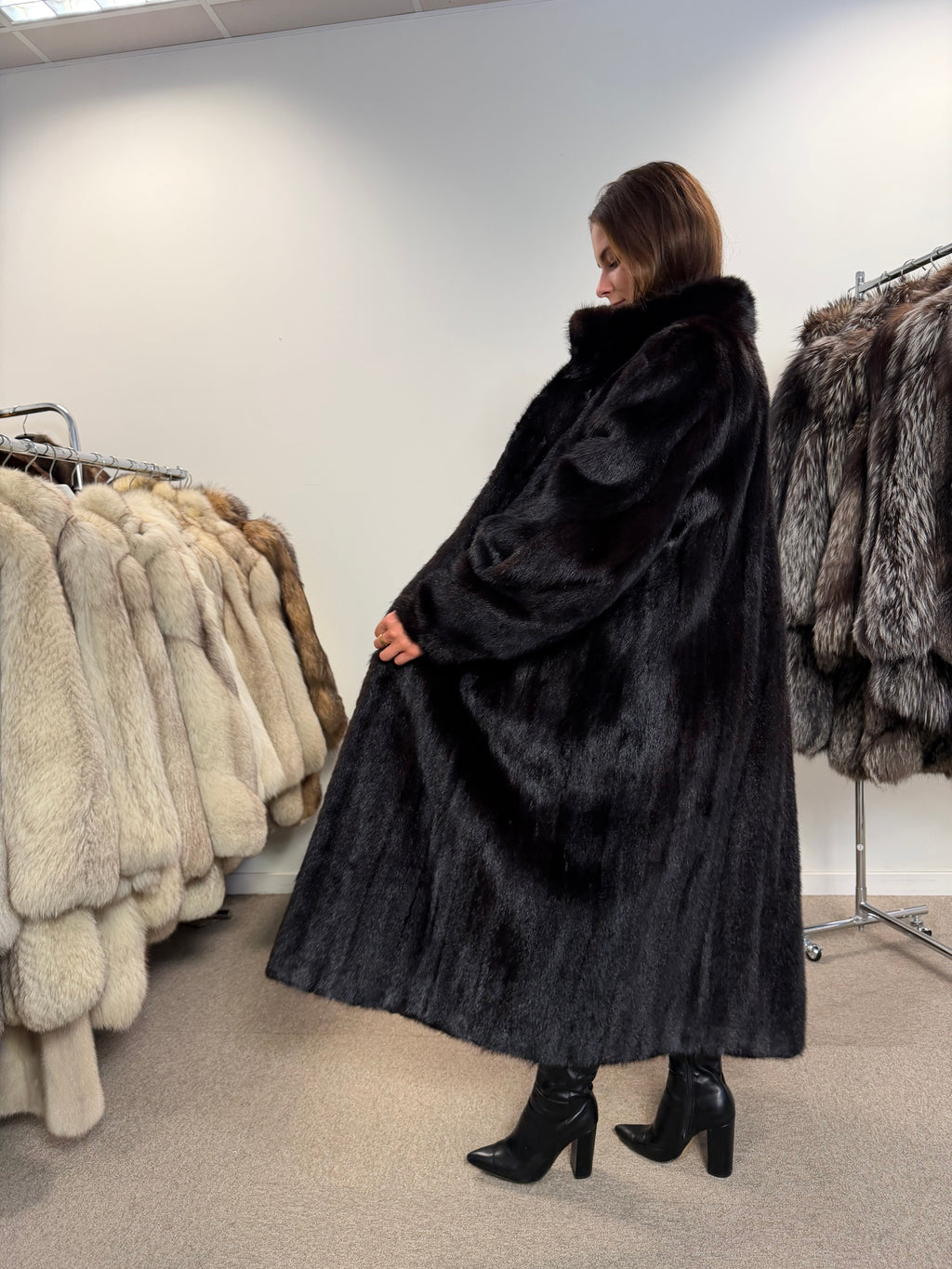 Mink Fur Coat, Black Brown, Full Length, Size XL