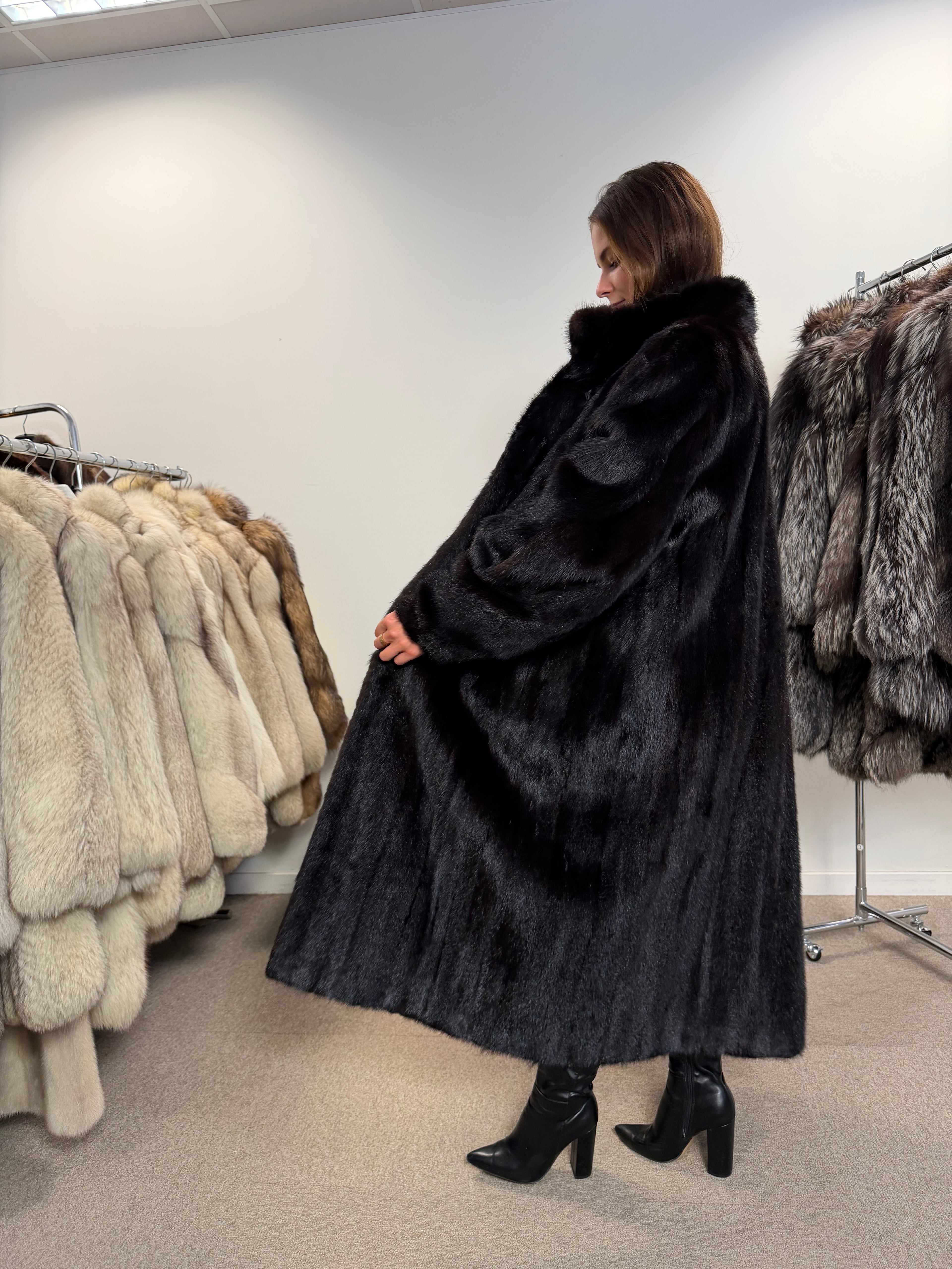 Mink Fur Coat, Black Brown, Full Length, Size XL