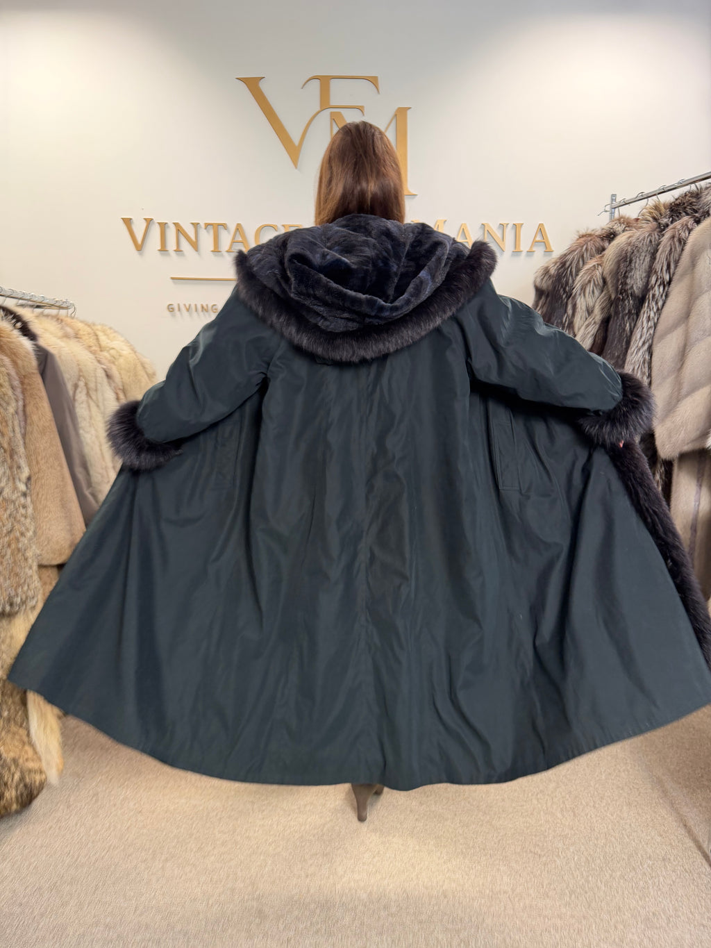 Blue & Black Mink-Lined Overcoat, XL, Hooded, Fox Collar