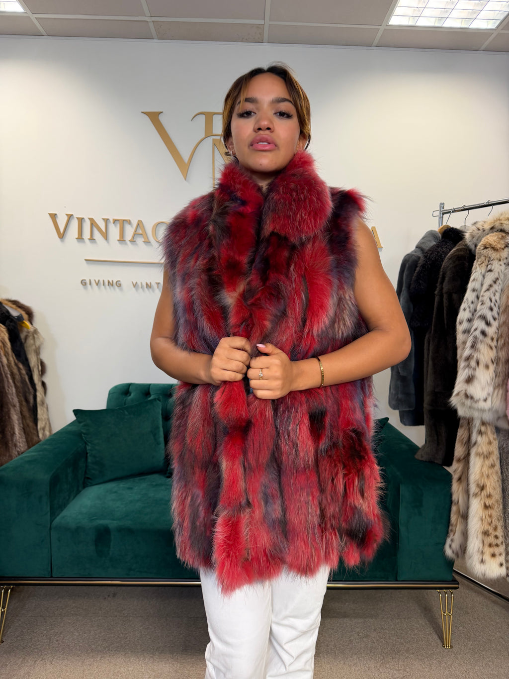 Red Dyed Fox Fur Vest, XL