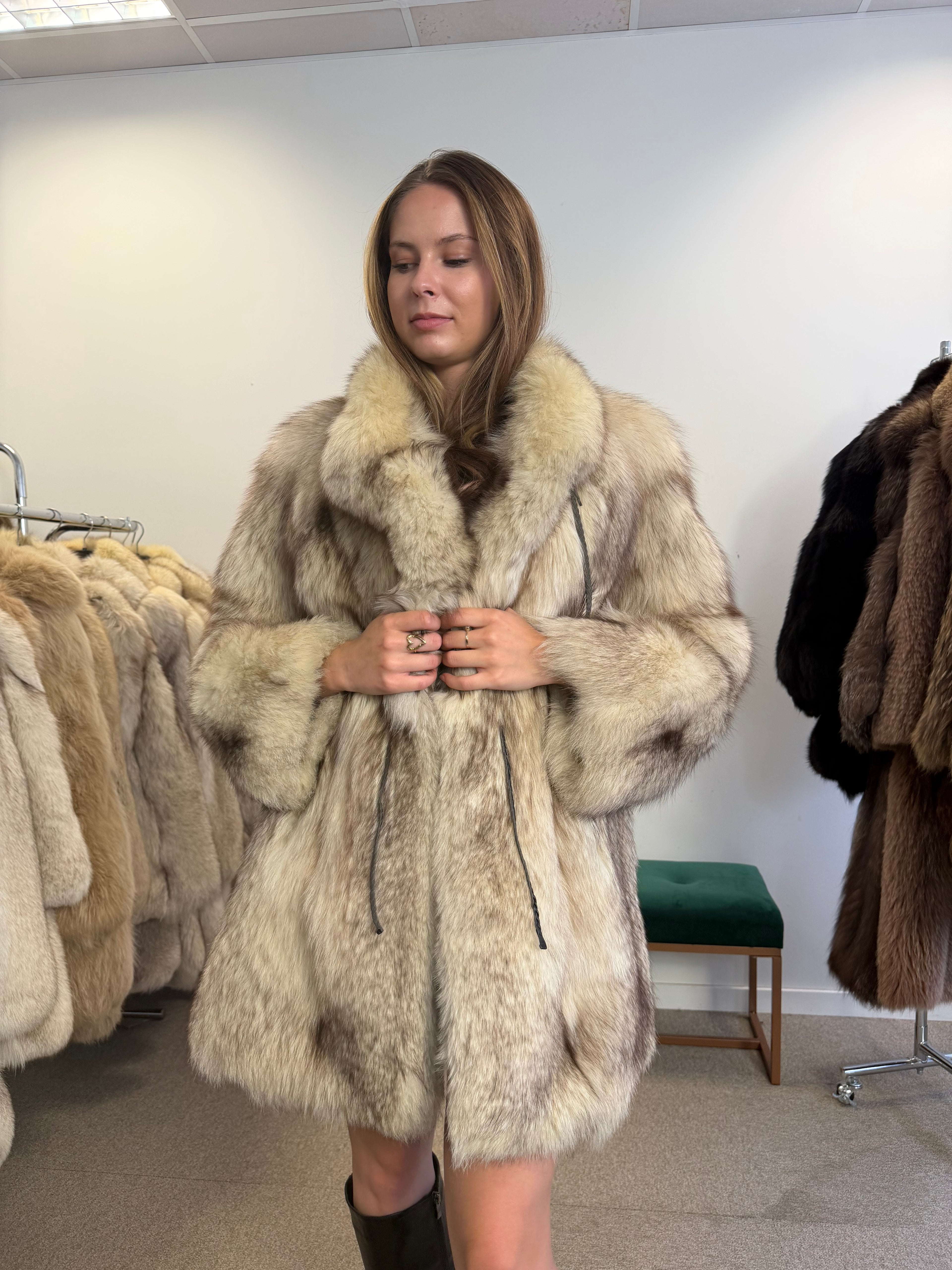 Blue Fox Fur Coat, White, Size L