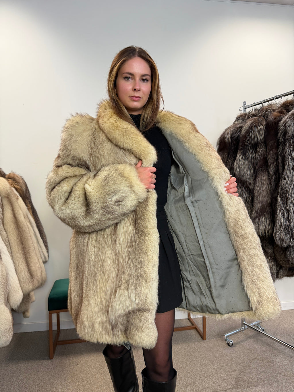 White Nordic Fox Real Fur Coat, Size L