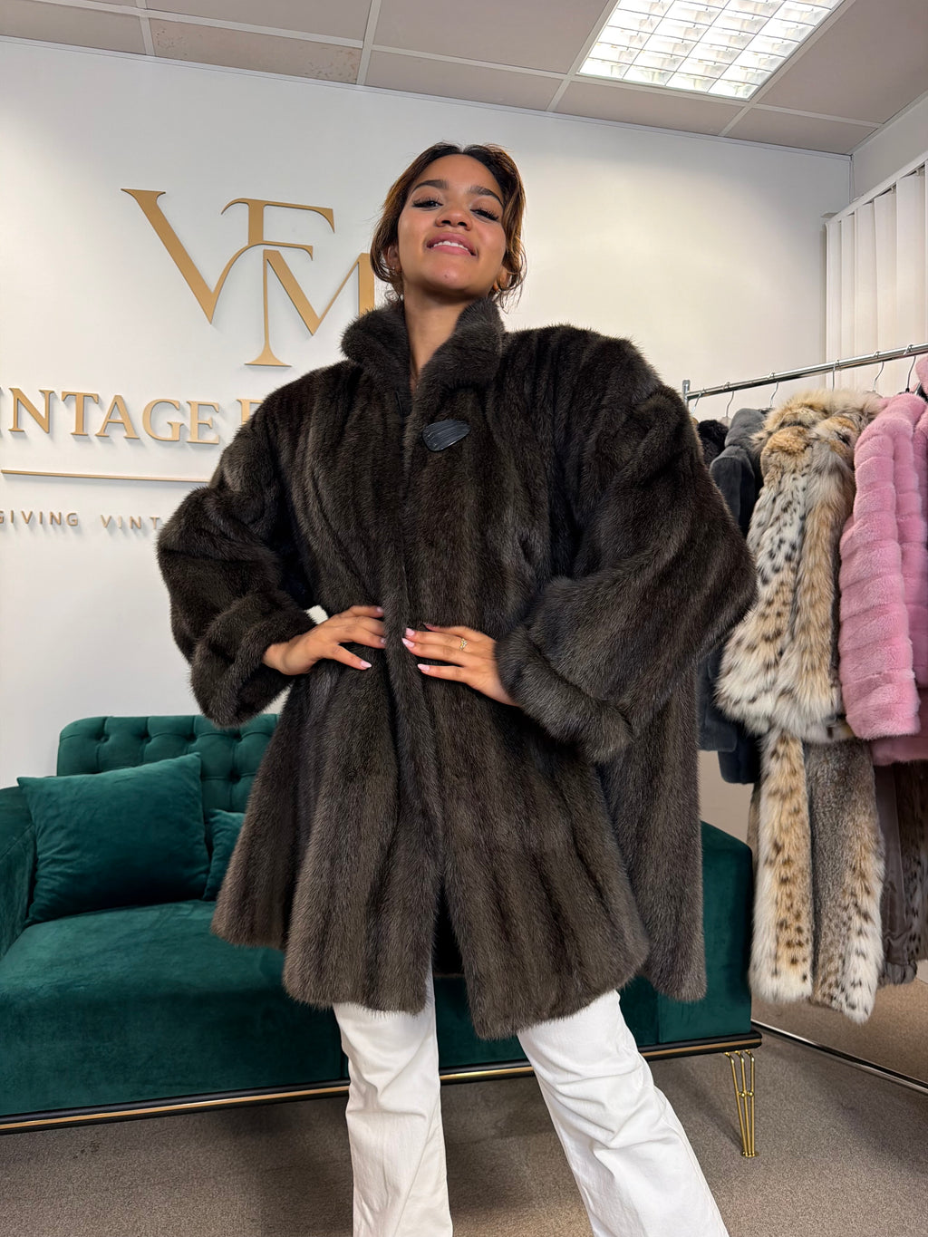 Dark Green Dyed Cross Mink Fur Jacket, 3XL, Oversize