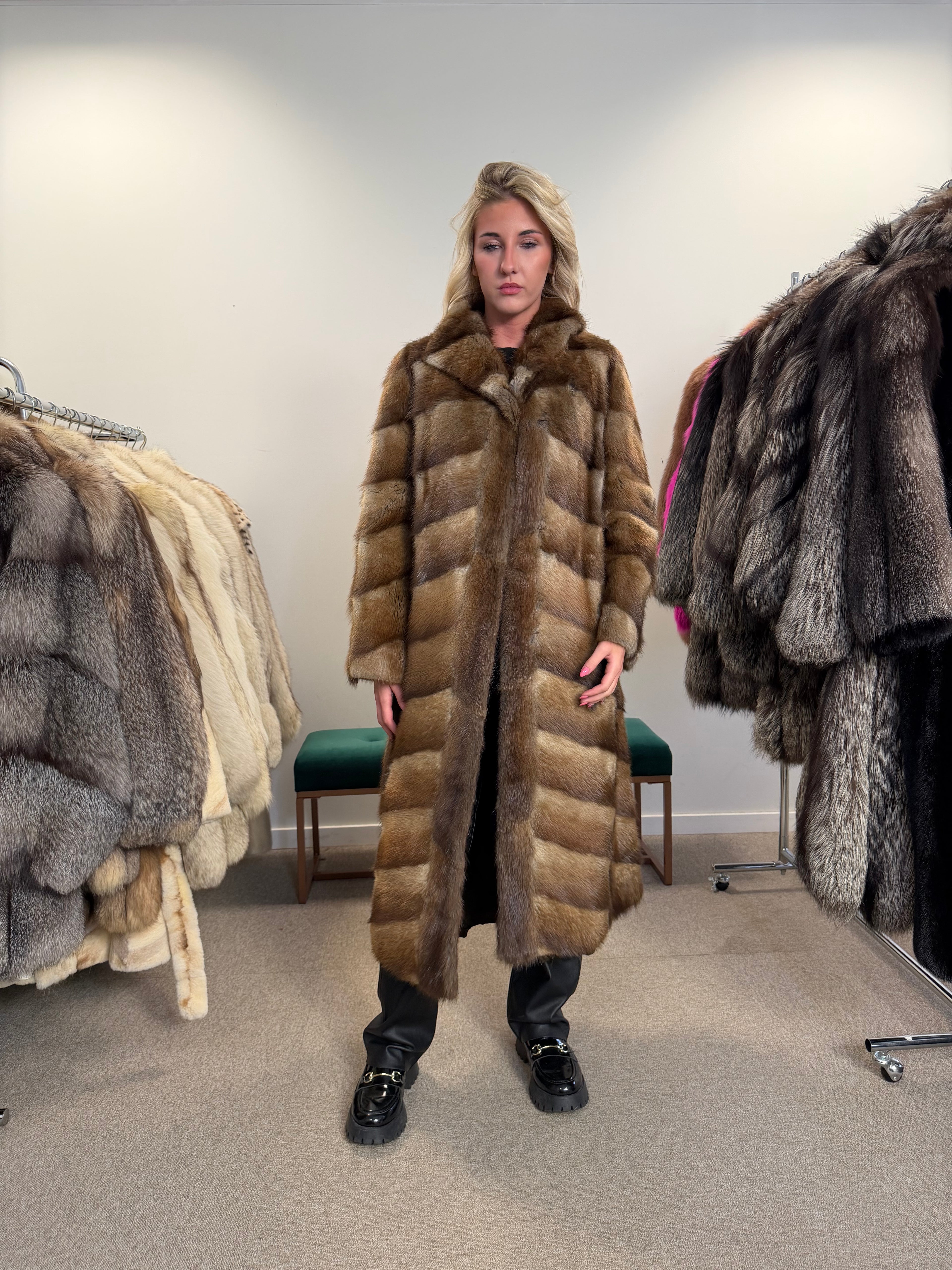 Muskrat Fur Coat, Brown, Full Length, Size S