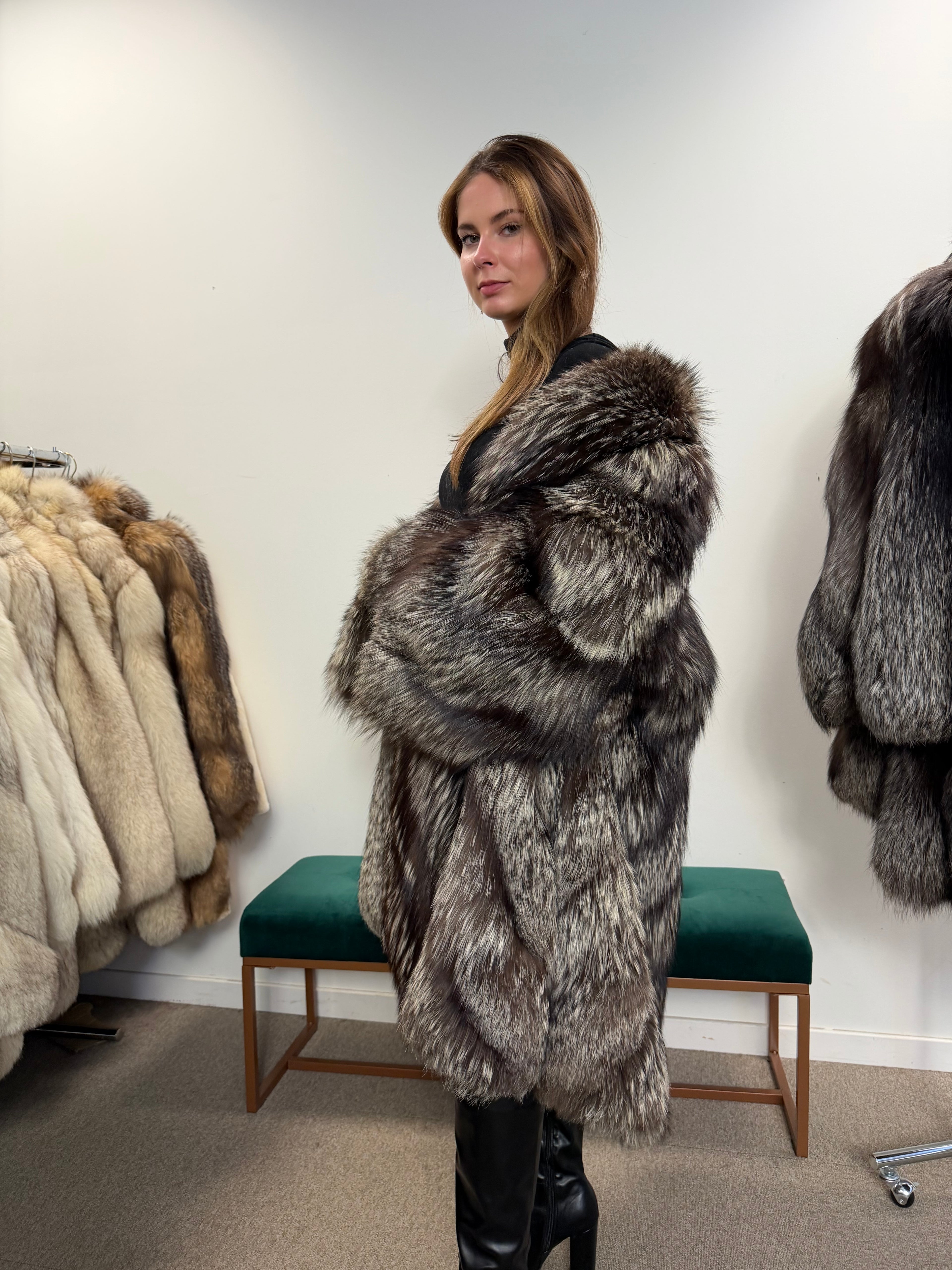 Silver Fox Real Fur Coat, Size XXL, Full Length Shawl Collar
