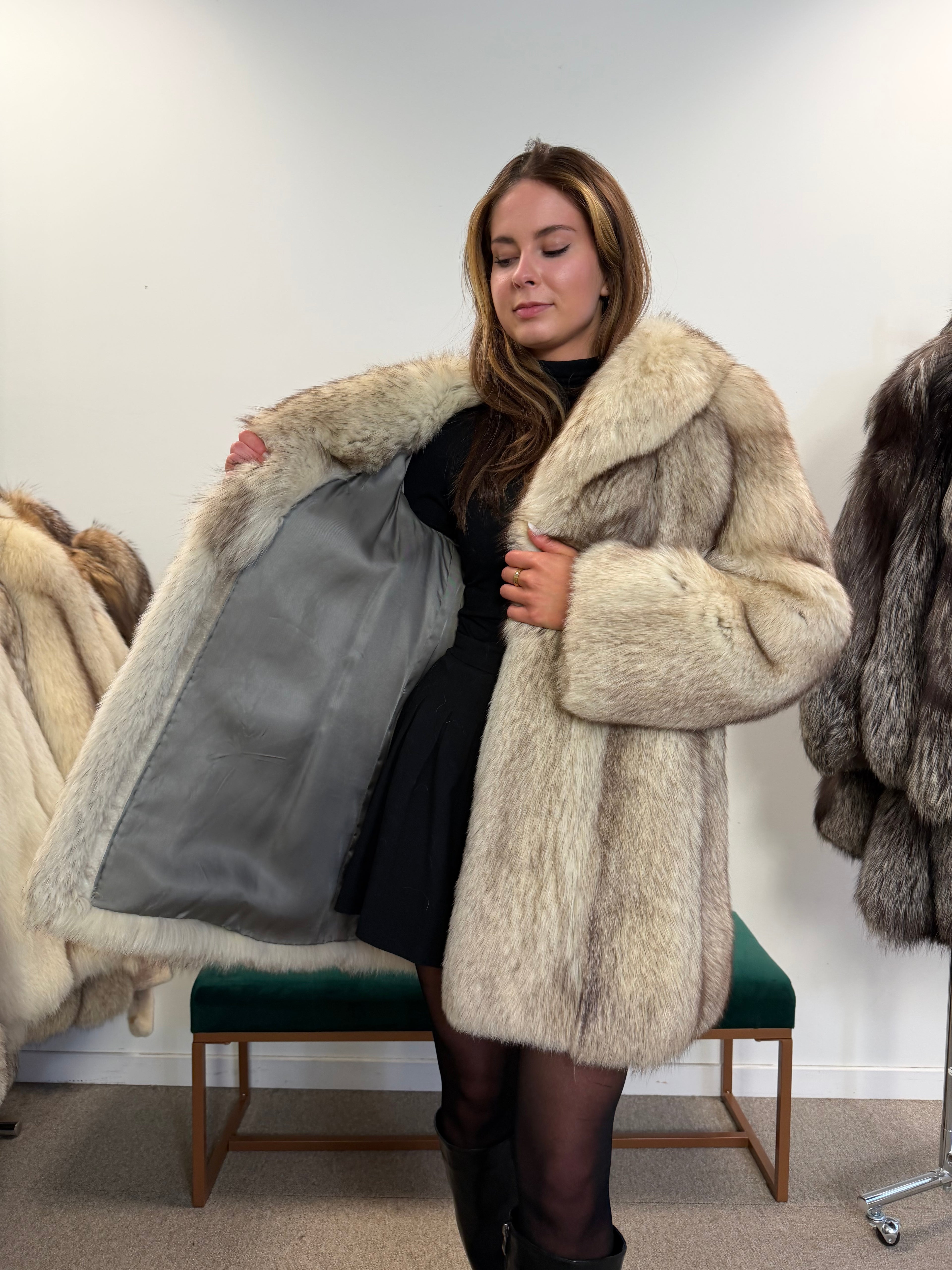 White Blue Fox Fur Coat, Size M
