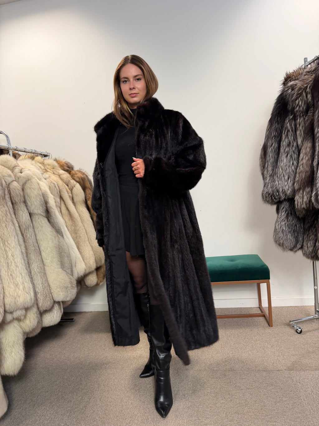 Mink Fur Coat, Black Brown, Full Length, Size XL